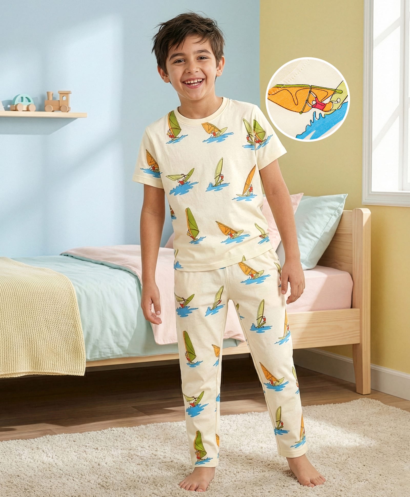 Pine Kids Cotton Knit Half Sleeves T-Shirt & Pyjama Co-ord Night Suit With Surfing Print - Light Green-image-19