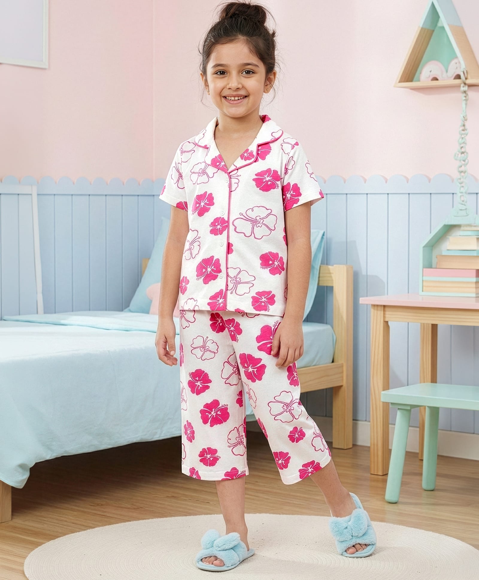 Pine Kids Cotton Knit Half Sleeves Shirt & Capri Co-ord Night Suit With Floral Print - White