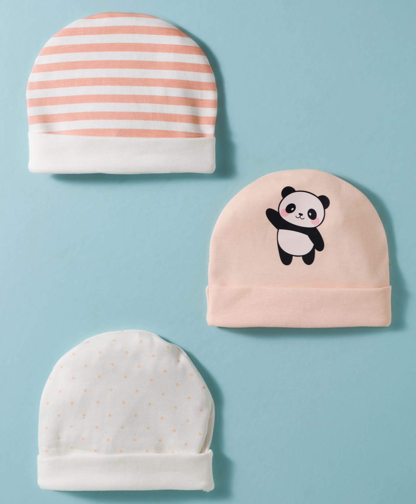 Bubble Pop Single Jersey Knit Striped Panda & Polka Dots Printed Baby Caps Pack Of 3 Multicolour - Diameter 9 cm-image-38