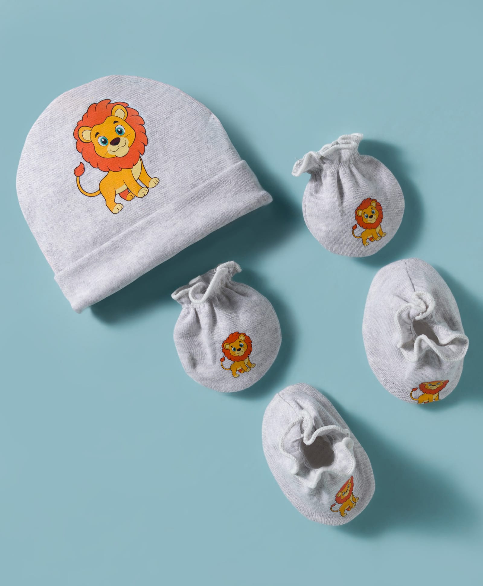 Bubble Pop Single Jersey Knit Lion Printed Cap Mittens & Booties Set White - Diameter 11 cm-picture-9