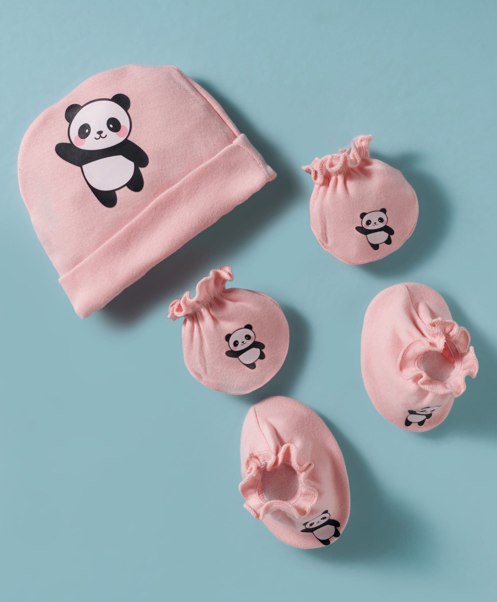 Bubble Pop Single Jersey Knit Panda Printed Cap Mittens & Booties Set Pink - Diameter 11 cm-picture-10