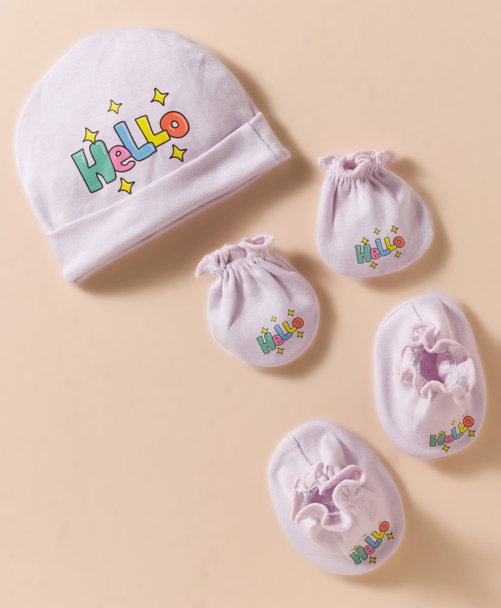 Bubble Pop Single Jersey Knit Cap Mitten & Booties Set with Hello Print Purple - Diameter 10 cm-image-44