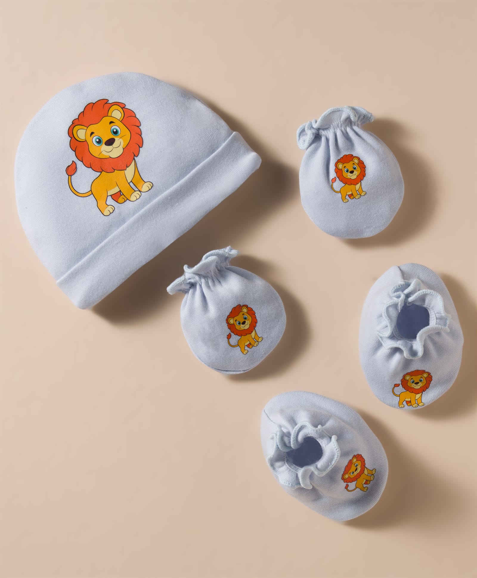 Bubble Pop Single Jersey Knit Lion Printed Cap Mittens & Booties Set Light Blue - Diameter 11 cm-image-47