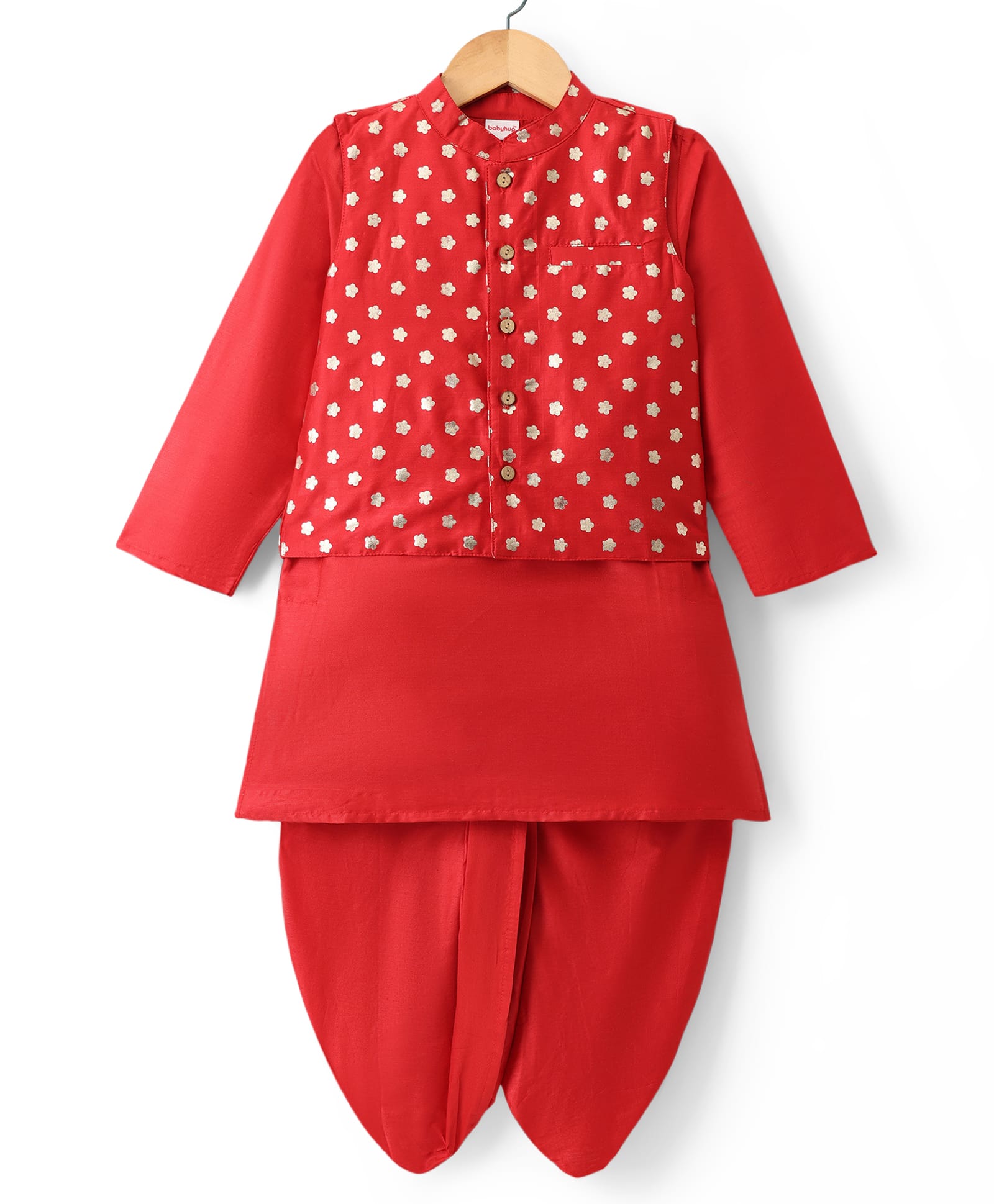 Babyhug Cotton Blend Woven Full Sleeves Kurta Dhoti Set with Polka Dot Printed Nehru Jacket - Red-picture-10