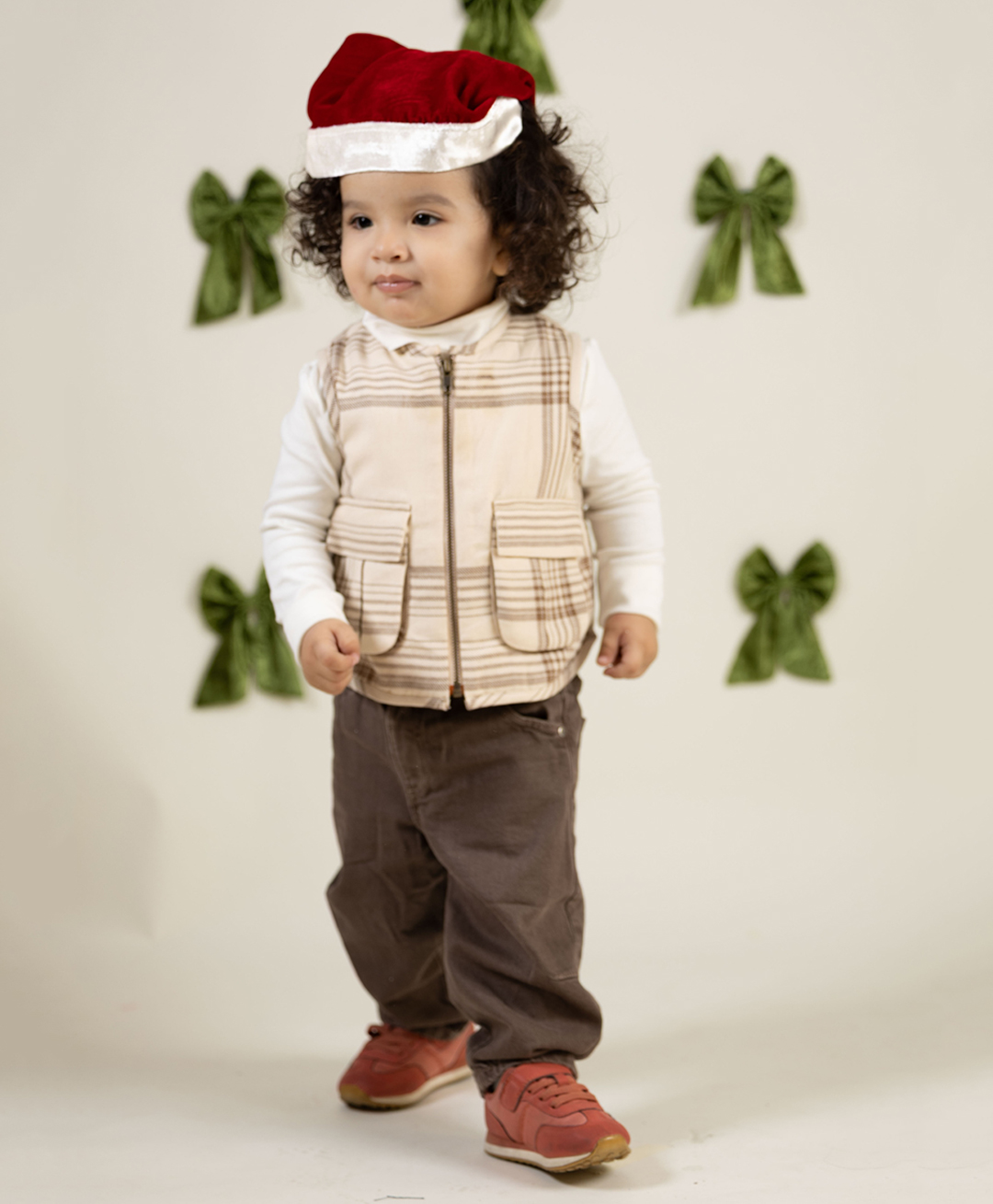 Tiber Taber Cotton Woven Sleeveless Checked Light Winter Jacket - Cream-image-12