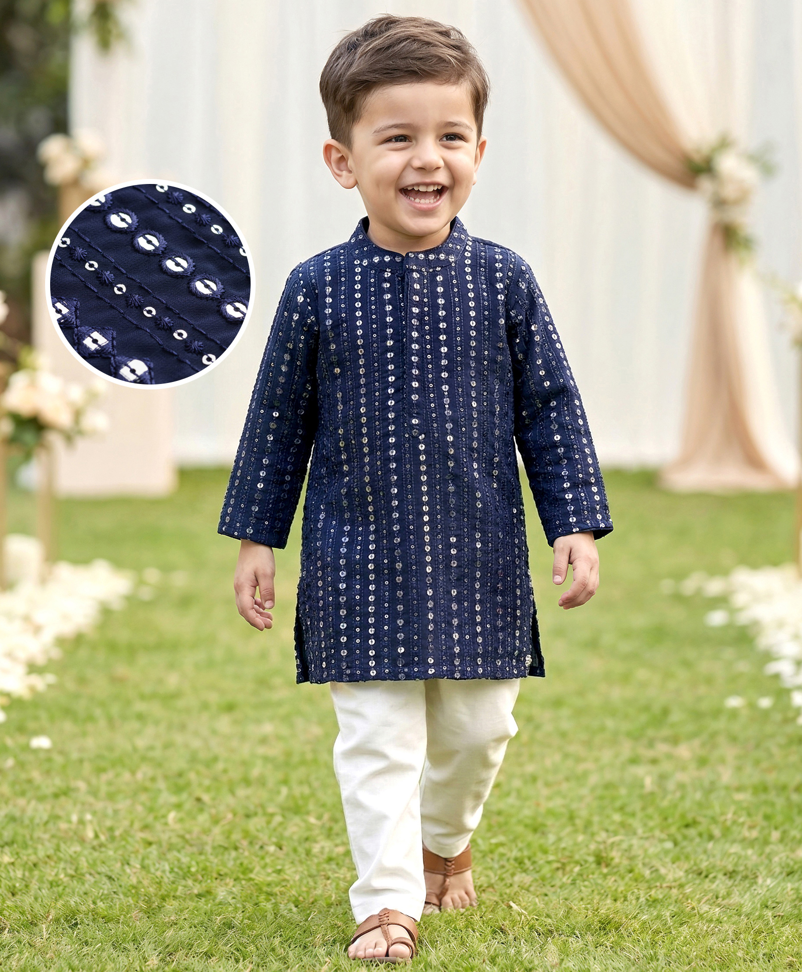 Babyhug Georgette Woven Full Sleeves Kurta Pajama Set with Embroidery & Sequin Detailing - Navy Blue-picture-28