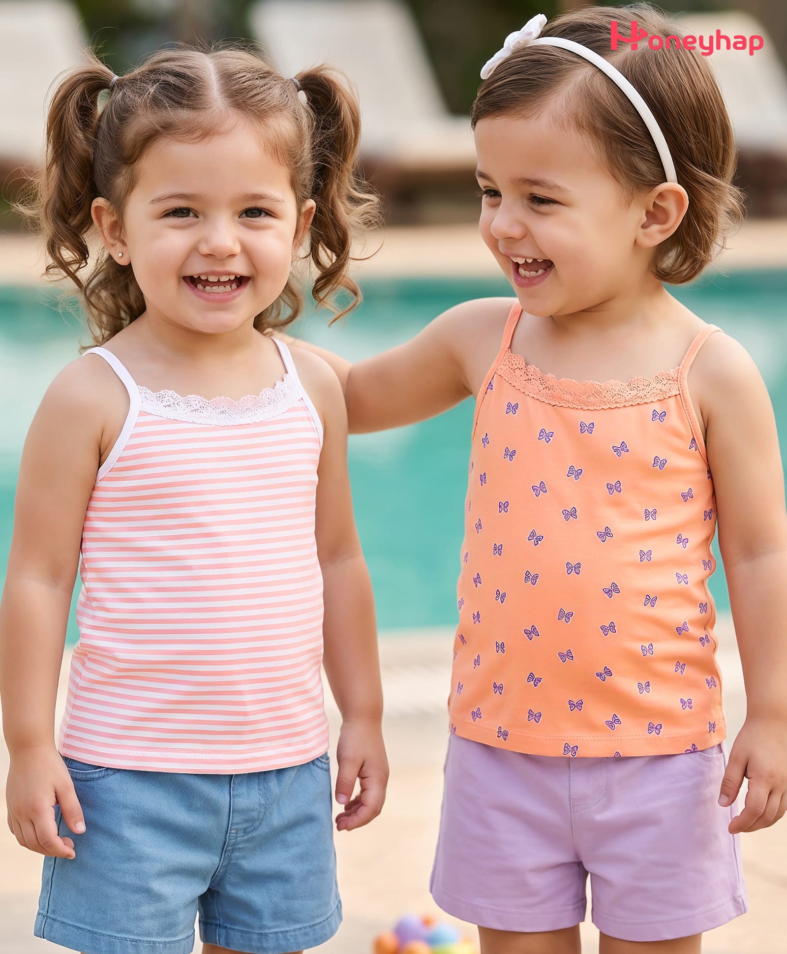 Honeyhap Premium Cotton Elastane Knit Sleeveless Slips With Stripes & Butterfly Print & Bio Finish Pack of 2 - Tropical Peach & Bright White-picture-12