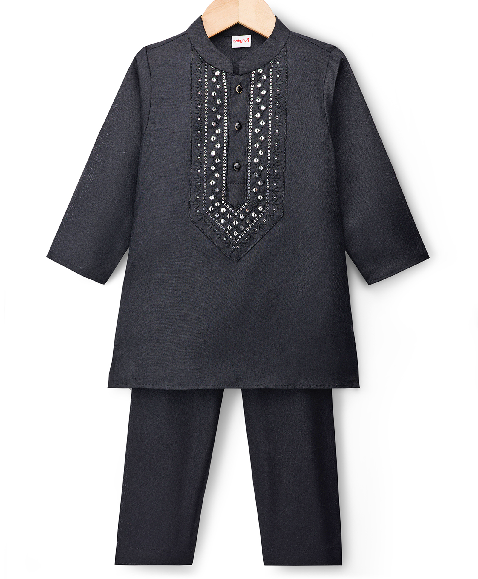 Babyhug Cotton Blend Woven Full Sleeves Kurta Pajama Set with Embroidery - Black