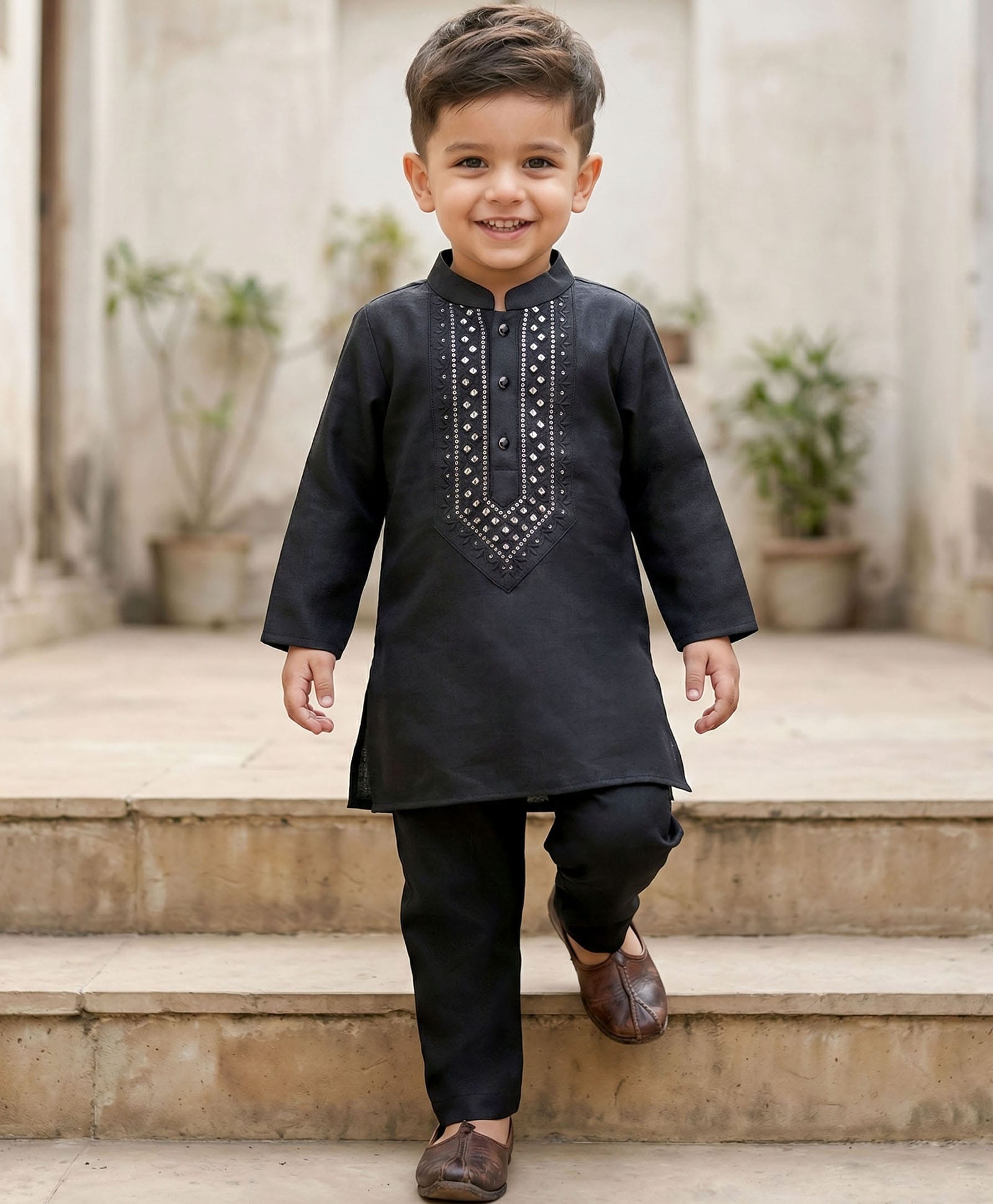 Babyhug Cotton Blend Woven Full Sleeves Kurta Pajama Set with Embroidery - Black-image-32