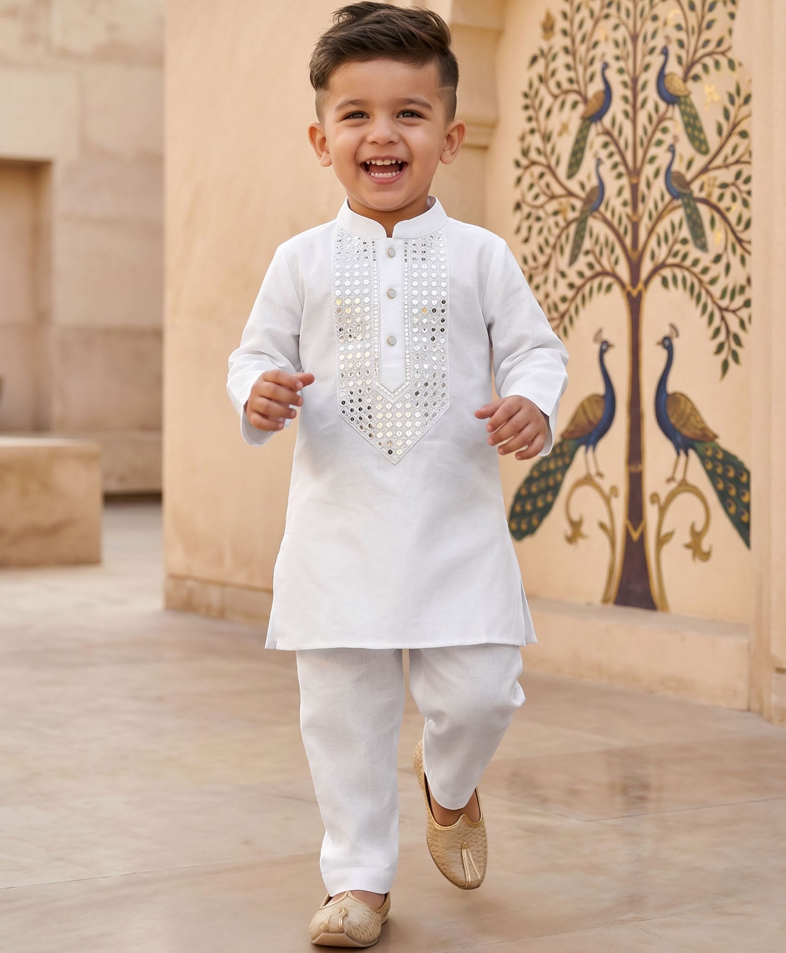 Babyhug Cotton Blend Woven Full Sleeves Kurta Pajama Set with Embroidery & Sequin Detailing - White-image-38