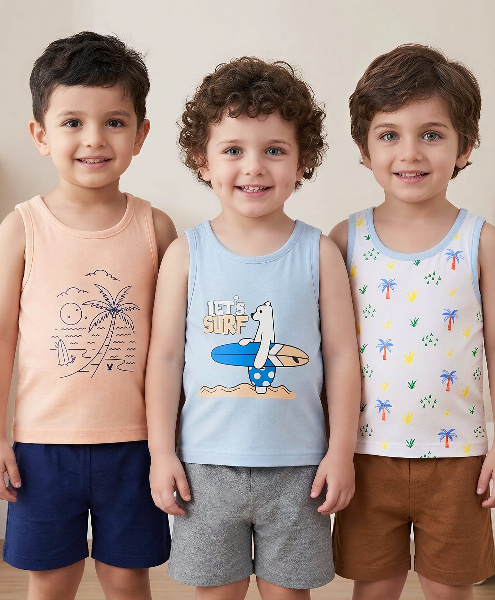Babyoye Cotton Lycra Knit Sleeveless Beach Theme Printed Vests Pack Of 3 - Multicolor-image-5