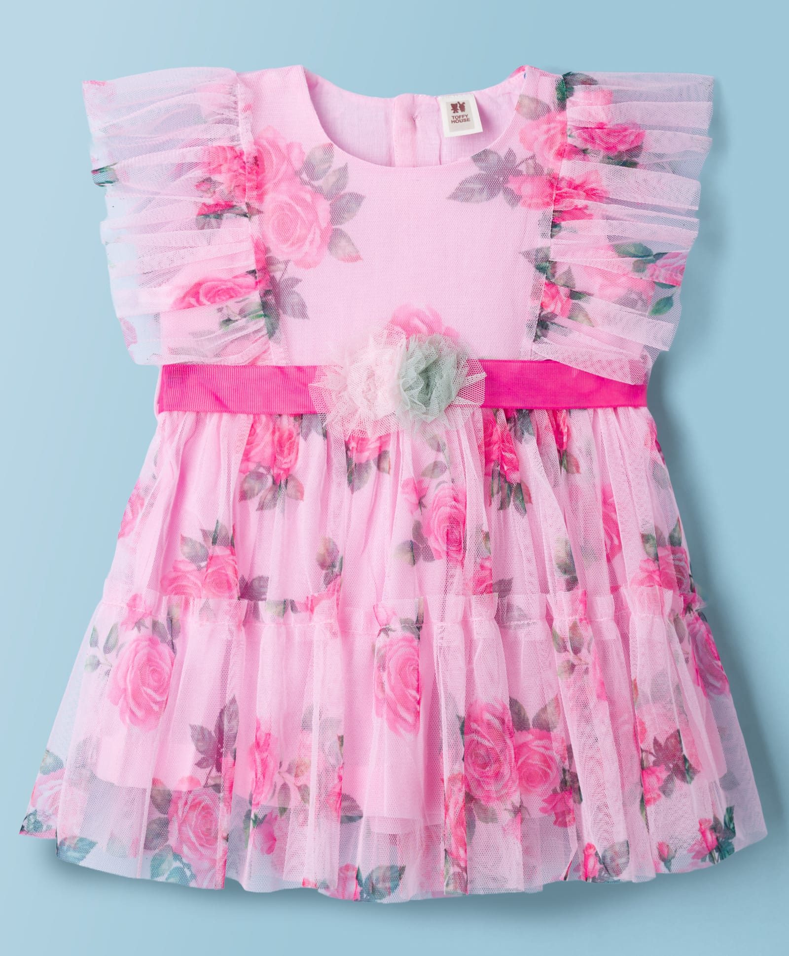 ToffyHouse Knit Half Sleeves Floral Printed Party Frock With Applique - Pink-picture-47