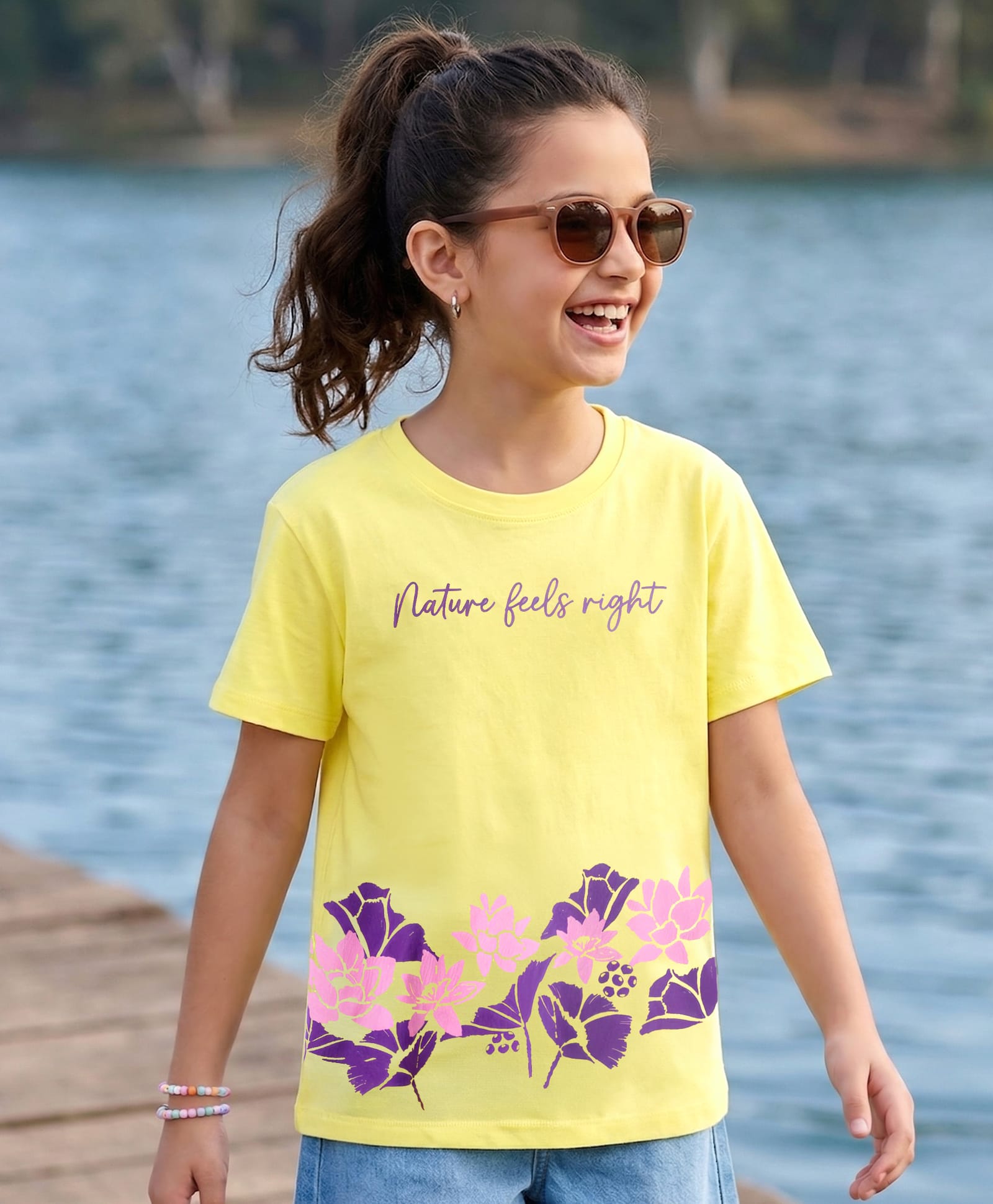 Pine Kids Cotton Knit Half Sleeves T-Shirt with Floral Print - Yellow-image-28