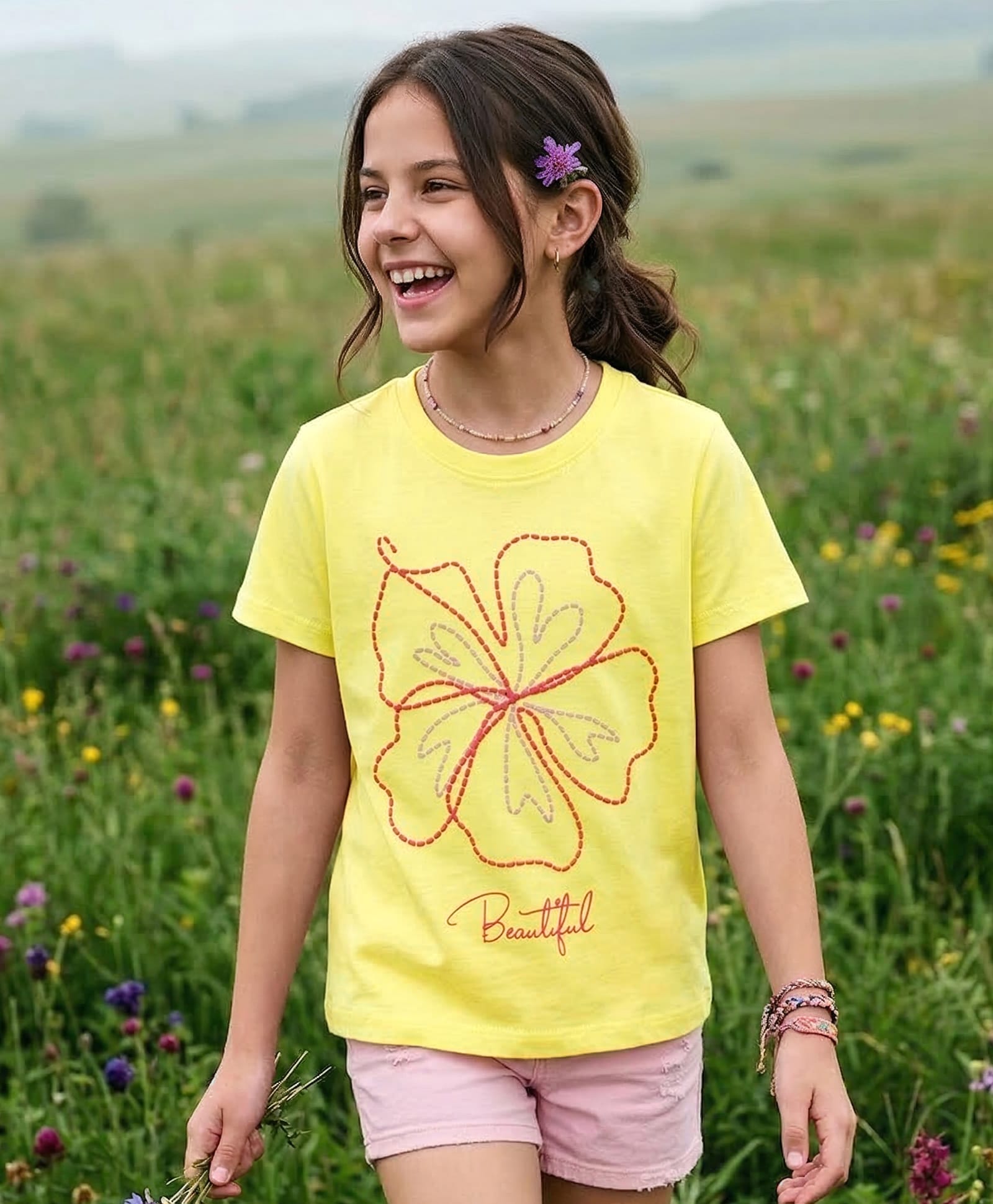 Pine Kids Cotton Knit Half Sleeves T-Shirt with Floral Print - Yellow-image-31