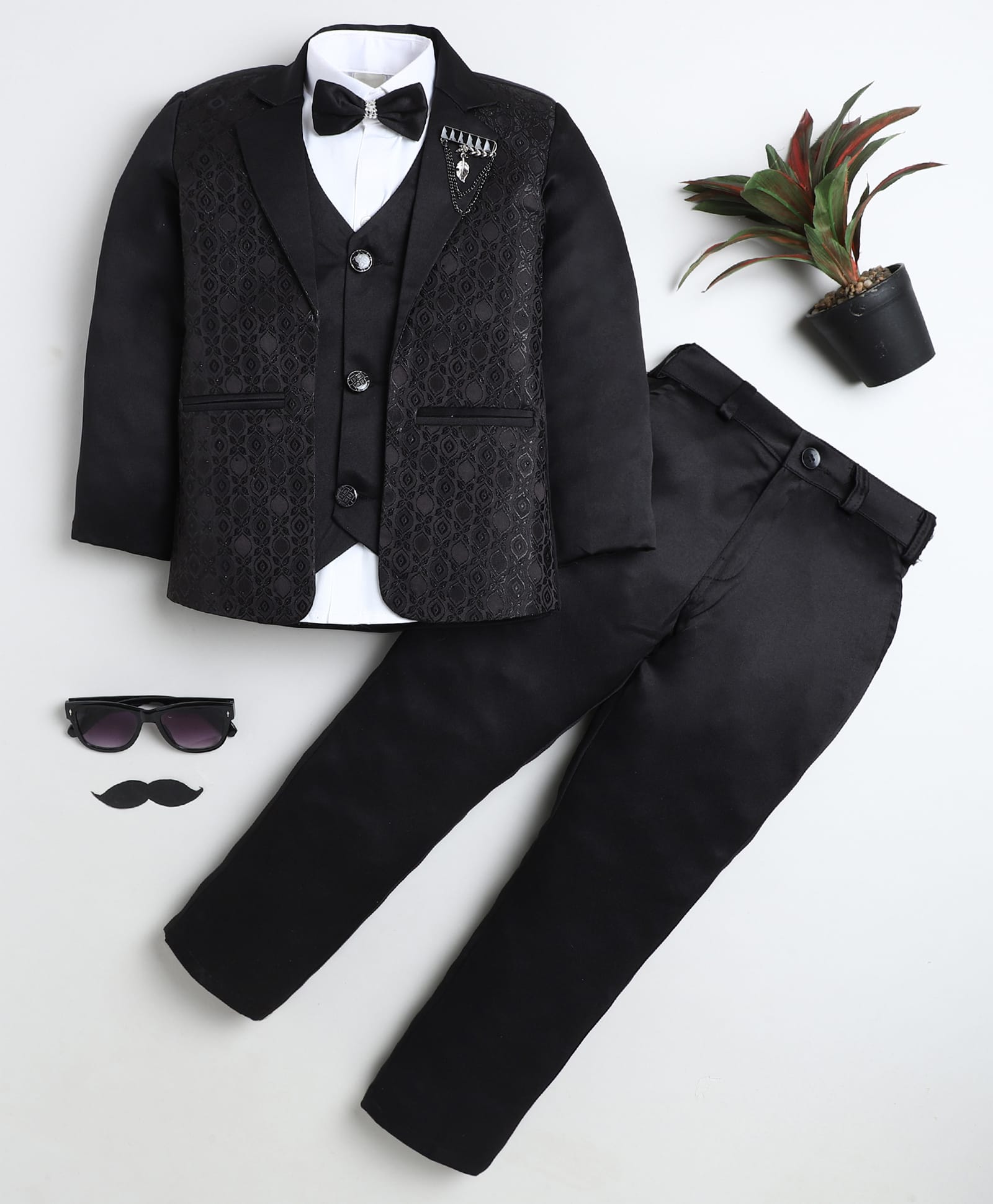BT DEZINES Satin Woven Full Sleeves Geometric Embroidered 3 Piece Suit Set With Bow - Black-picture-20