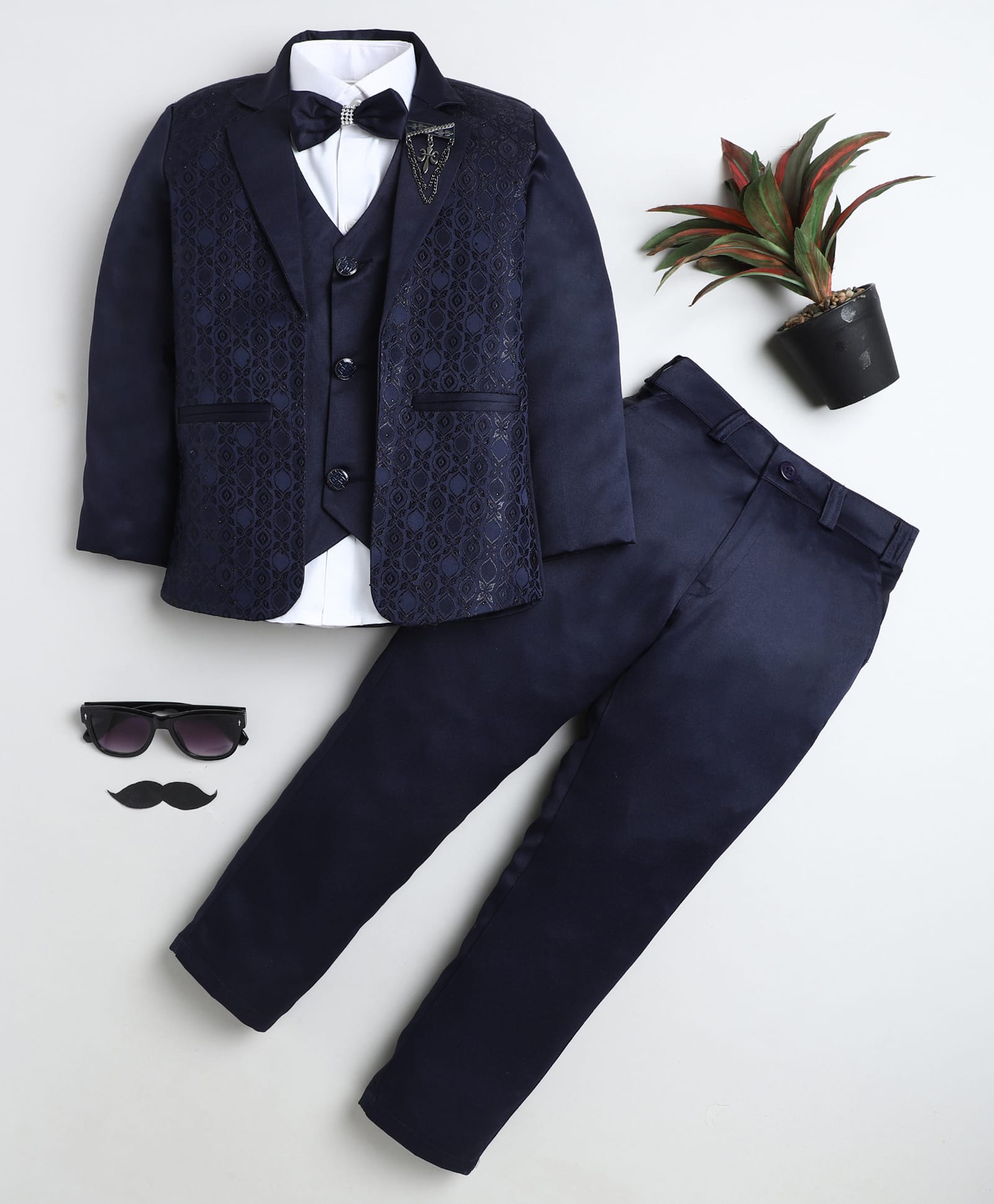 BT DEZINES Satin Woven Full Sleeves Geometric Embroidered 3 Piece Suit Set With Bow - Navy Blue-image-47