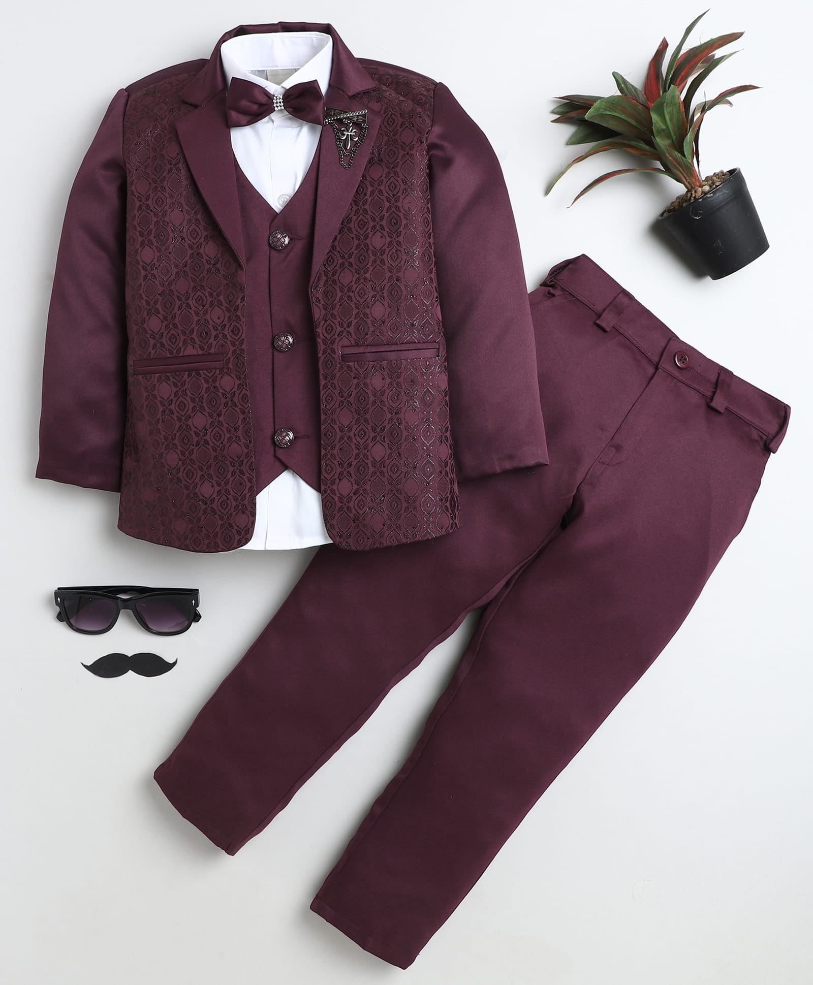 BT DEZINES Satin Woven Full Sleeves Geometric Embroidered 3 Piece Suit Set With Bow - Wine-image-35
