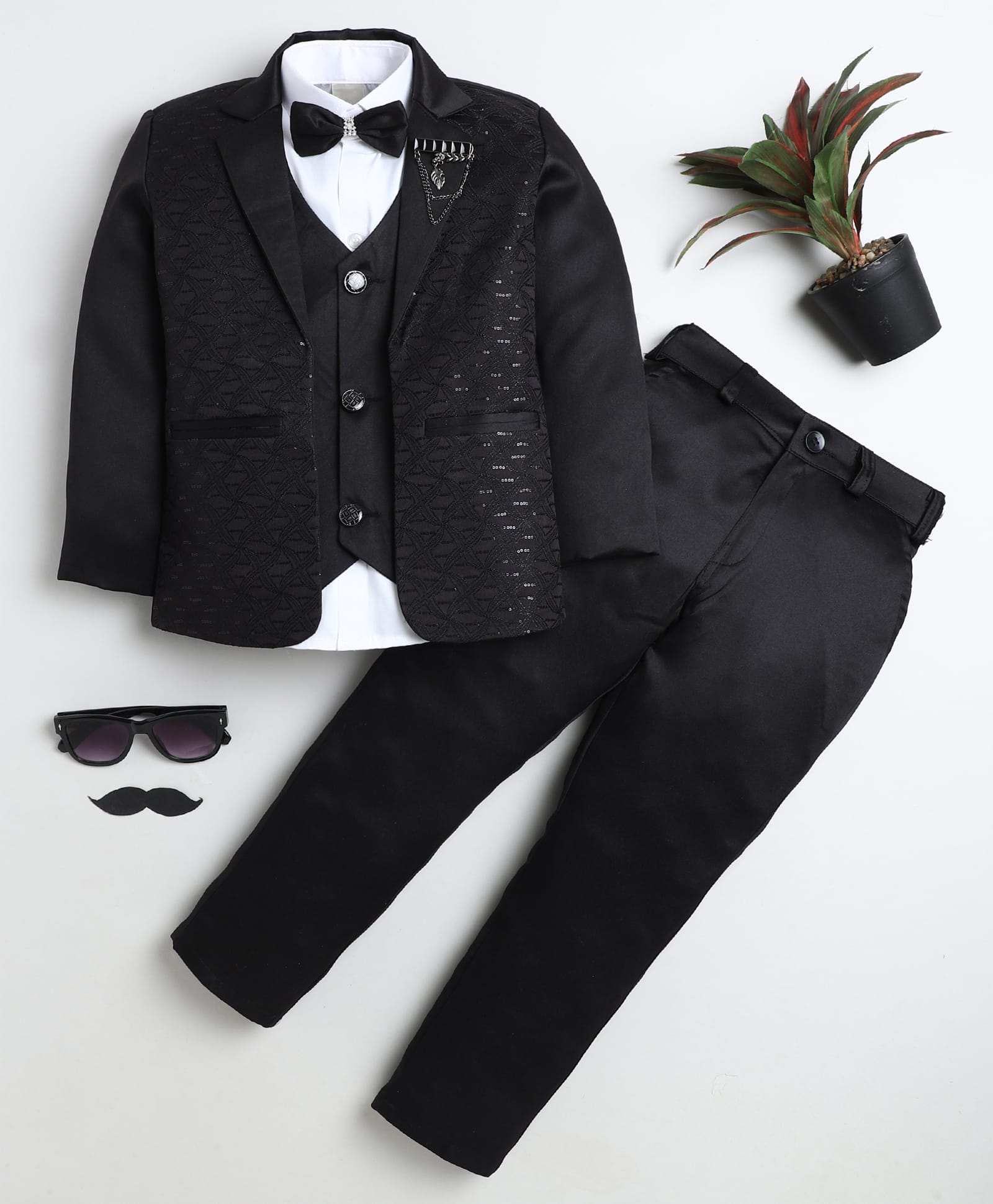 BT DEZINES Satin Woven Full Sleeves Thread Work Embroidered Sequins Embellished 3 Piece Party Suit Set With Bow - Black-picture-11