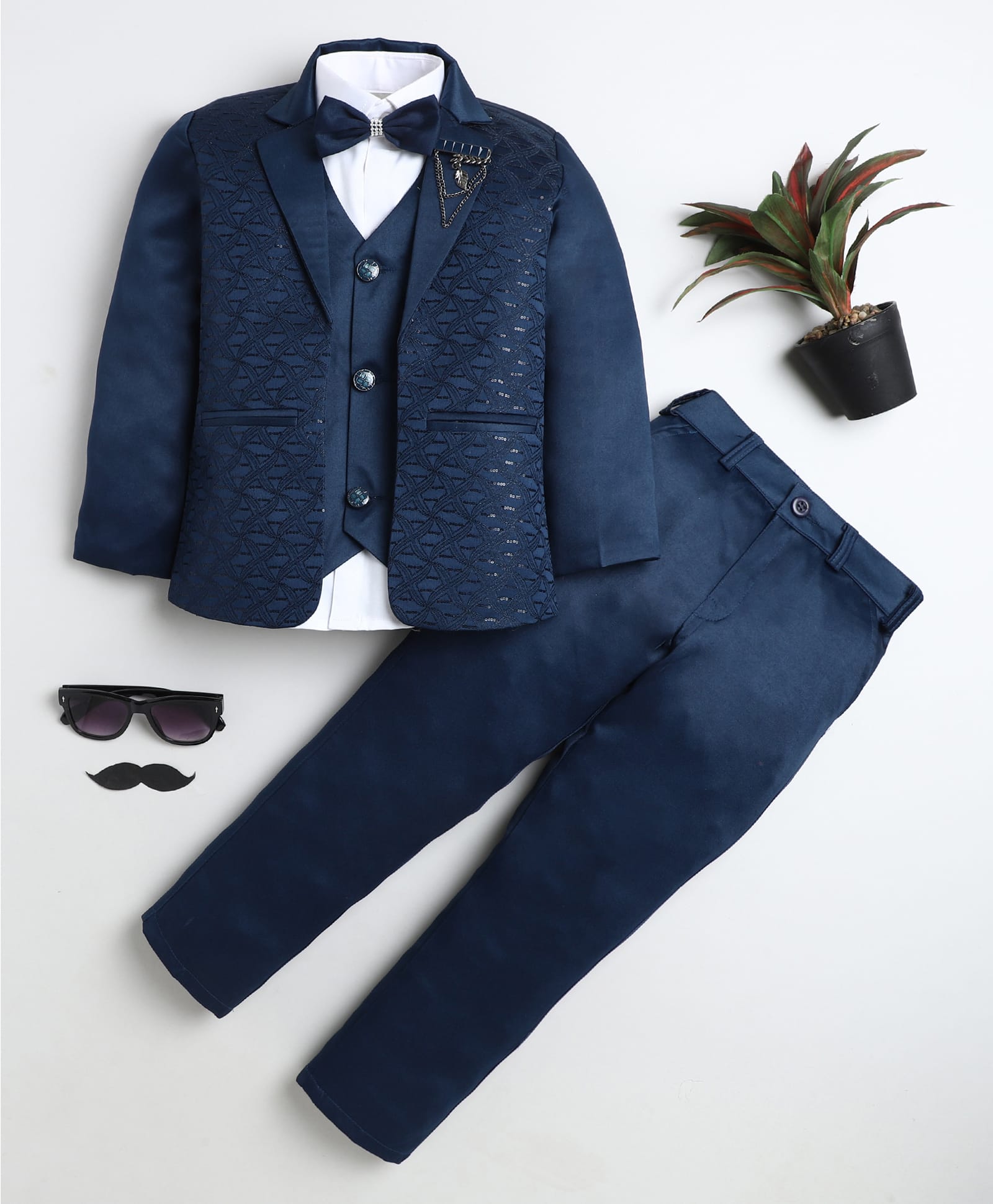 BT DEZINES Satin Woven Full Sleeves Thread Work Embroidered Sequins Embellished 3 Piece Party Suit Set With Bow - Royal Blue-image-38