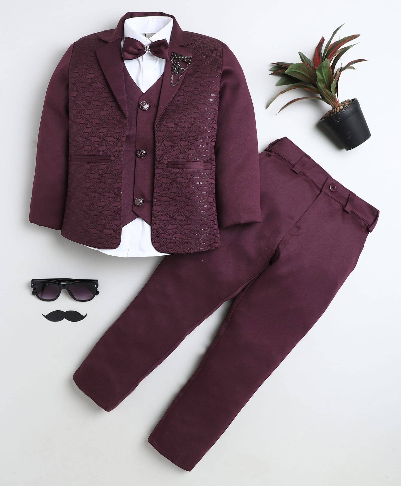 BT DEZINES Satin Woven Full Sleeves Thread Work Embroidered Sequins Embellished 3 Piece Party Suit Set With Bow - Wine-image-35
