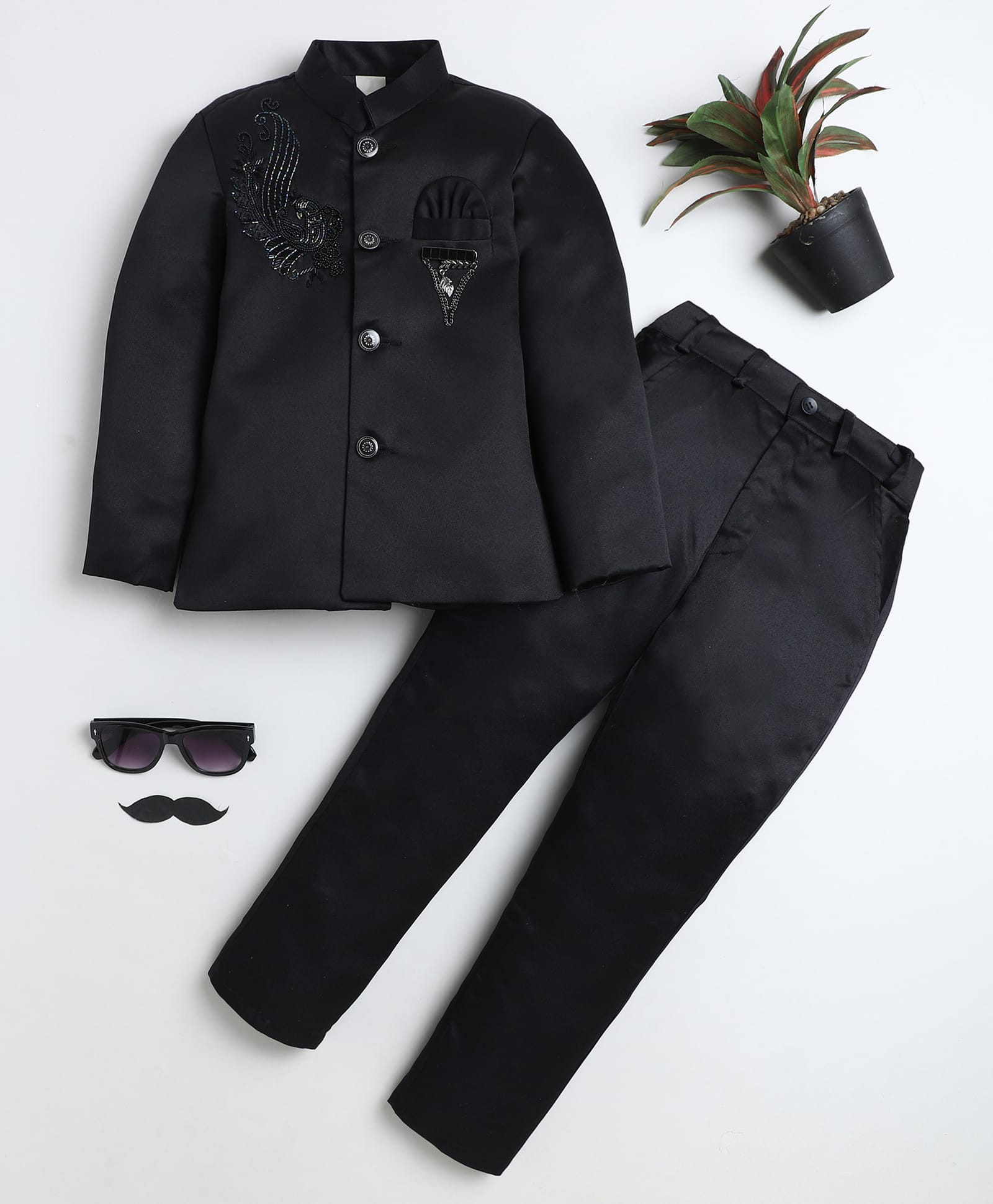 BT DEZINES Satin Woven Full Sleeves Peacock Designed Beads Embellished Blazer & Trouser Set - Black