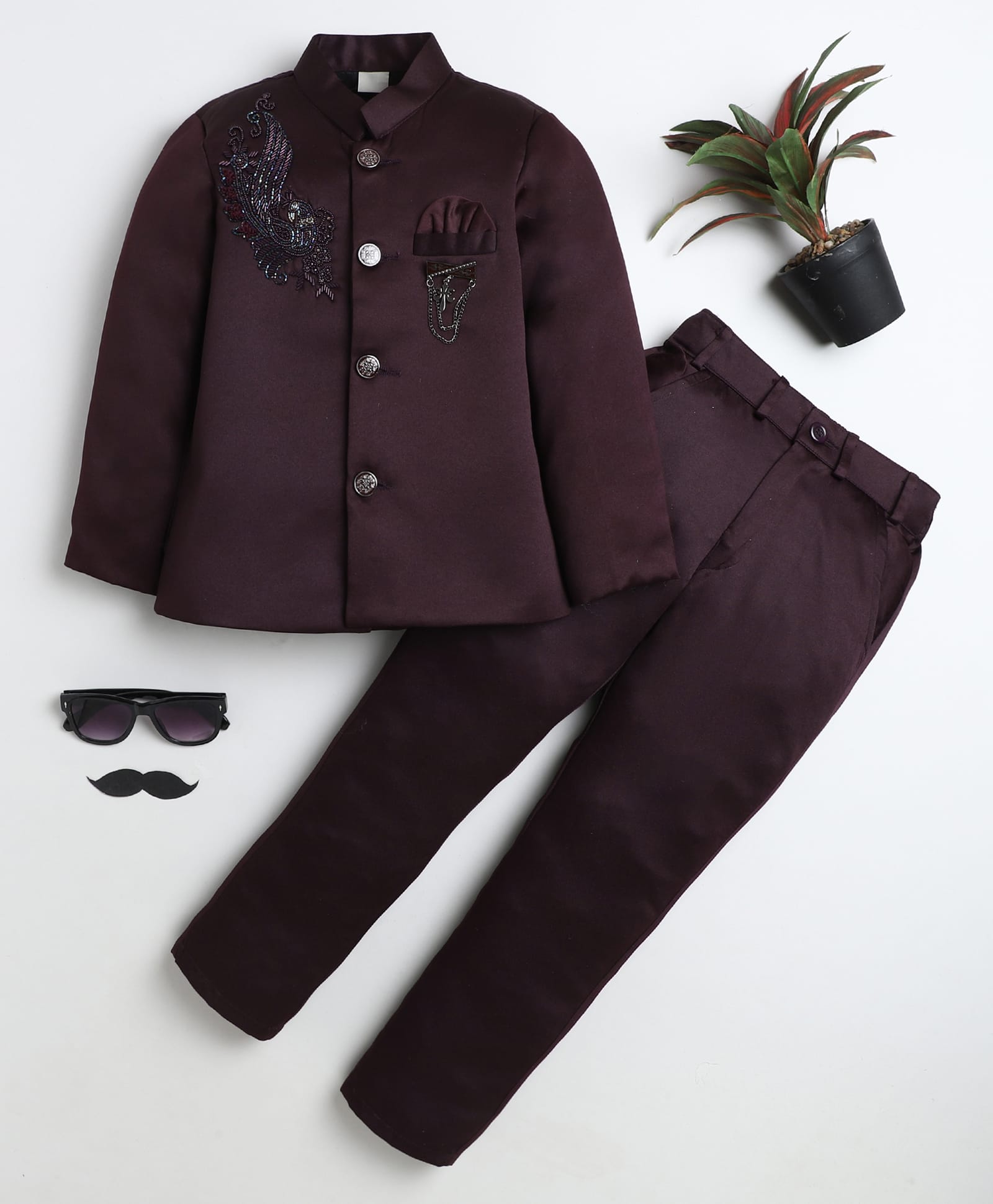 BT DEZINES Satin Woven Full Sleeves Peacock Designed Beads Embellished Blazer & Trouser Set - Wine