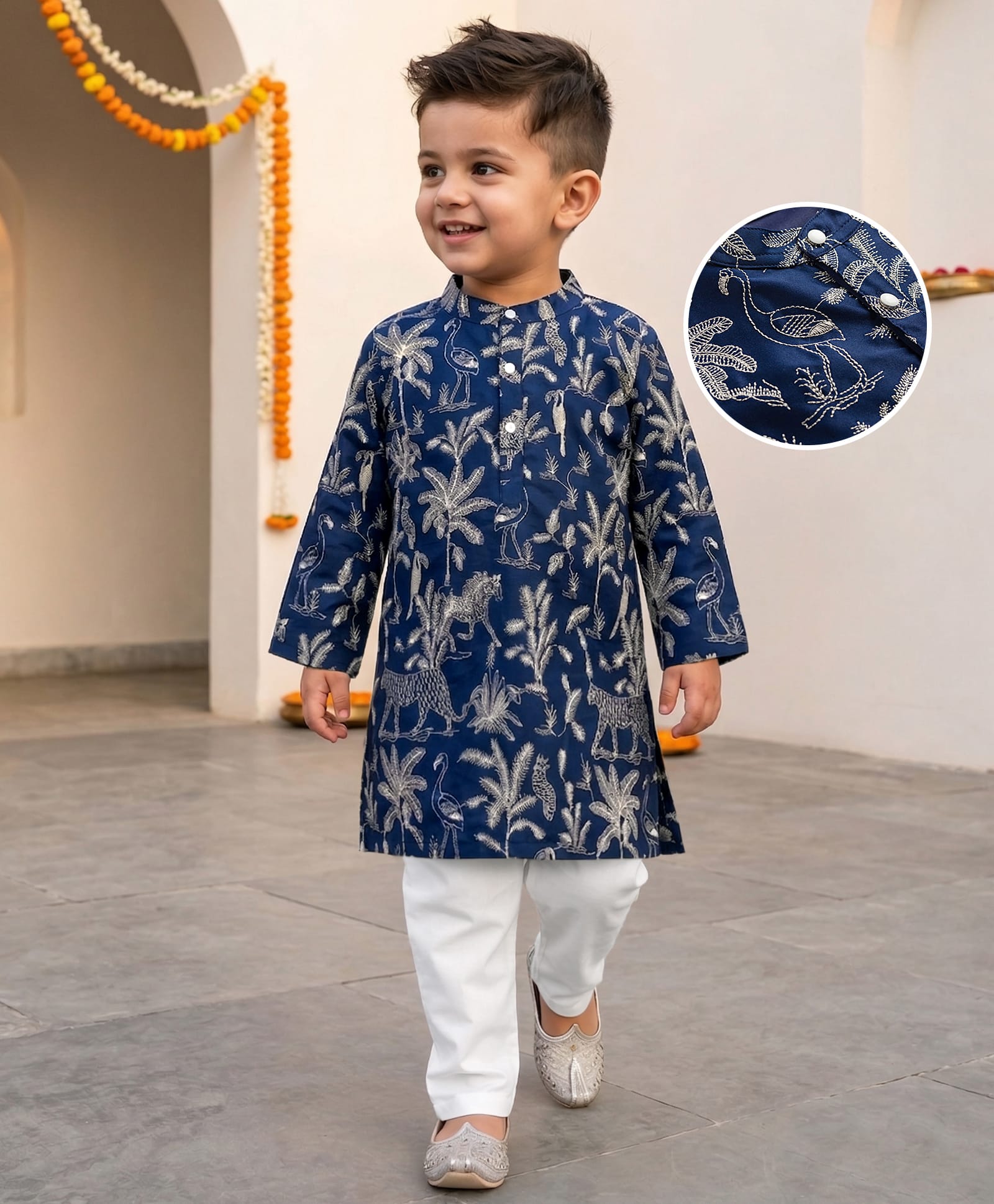 Babyhug Cotton Blend Woven Full Sleeves Kurta Pajama Set Jungle Theme Embroidery - Navy Blue-image-26