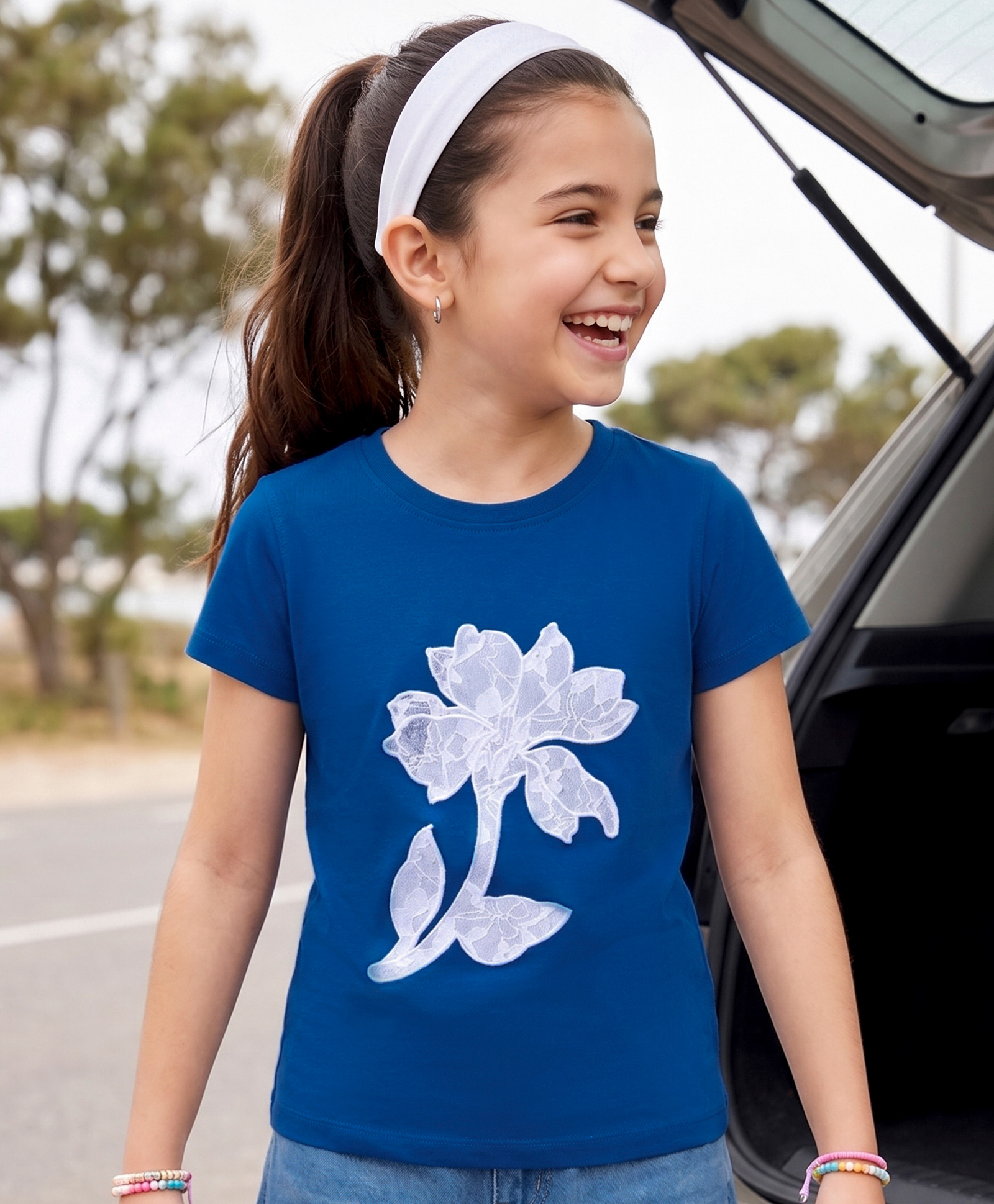 Pine Kids Cotton Knit T-Shirts Floral Applique Navy Blue 7-8 Years-image-34