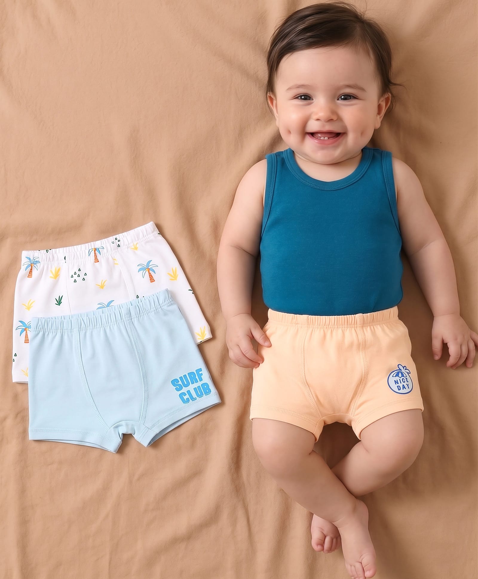 Babyoye Elastane Knit Trunks with Palm Tree Print Pack of 3 - White Peach & Blue-image-22