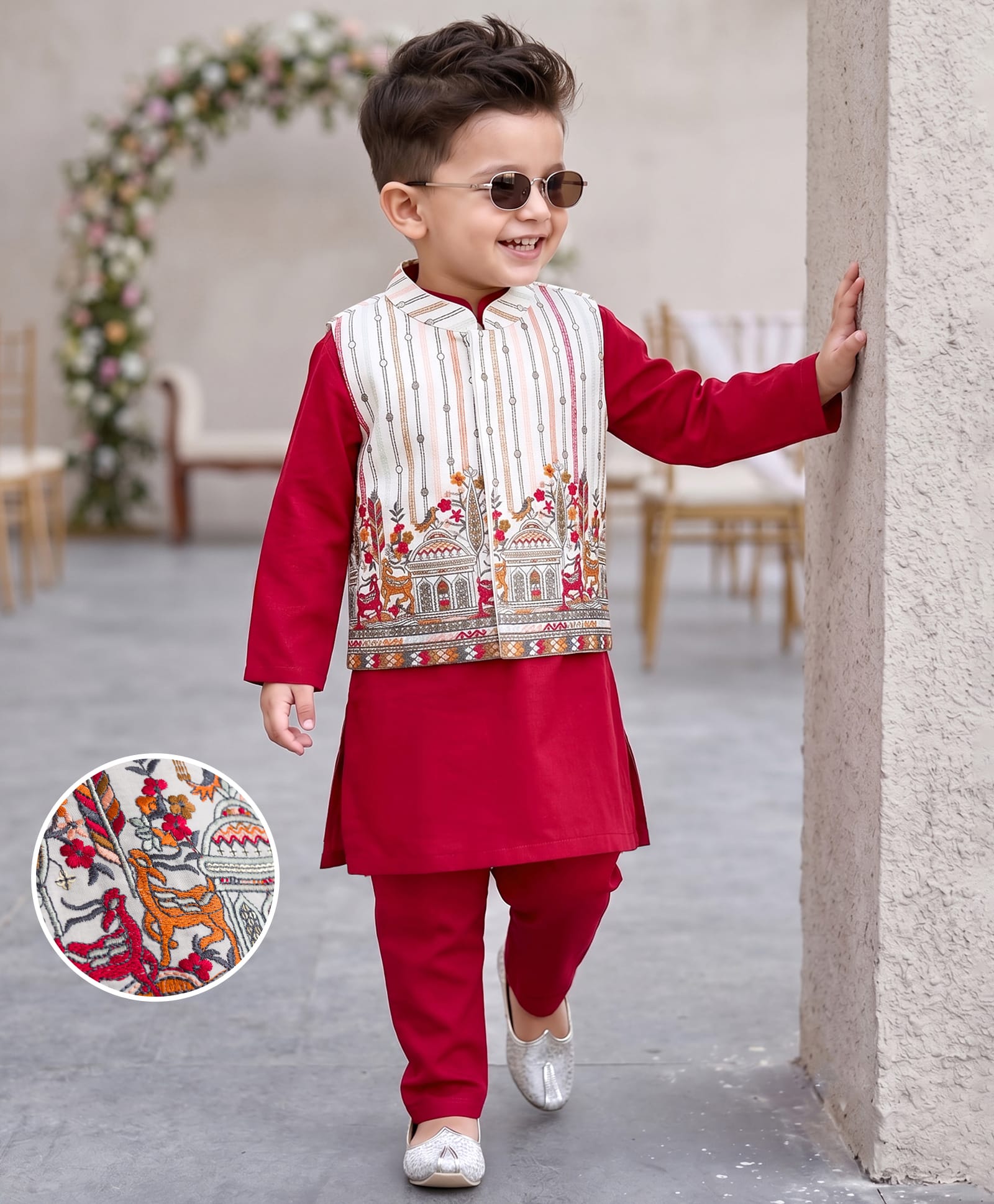Babyhug Cotton Blend Woven Full Sleeves Kurta Pyjama Set with Embroidered Jacket - Wine-image-41