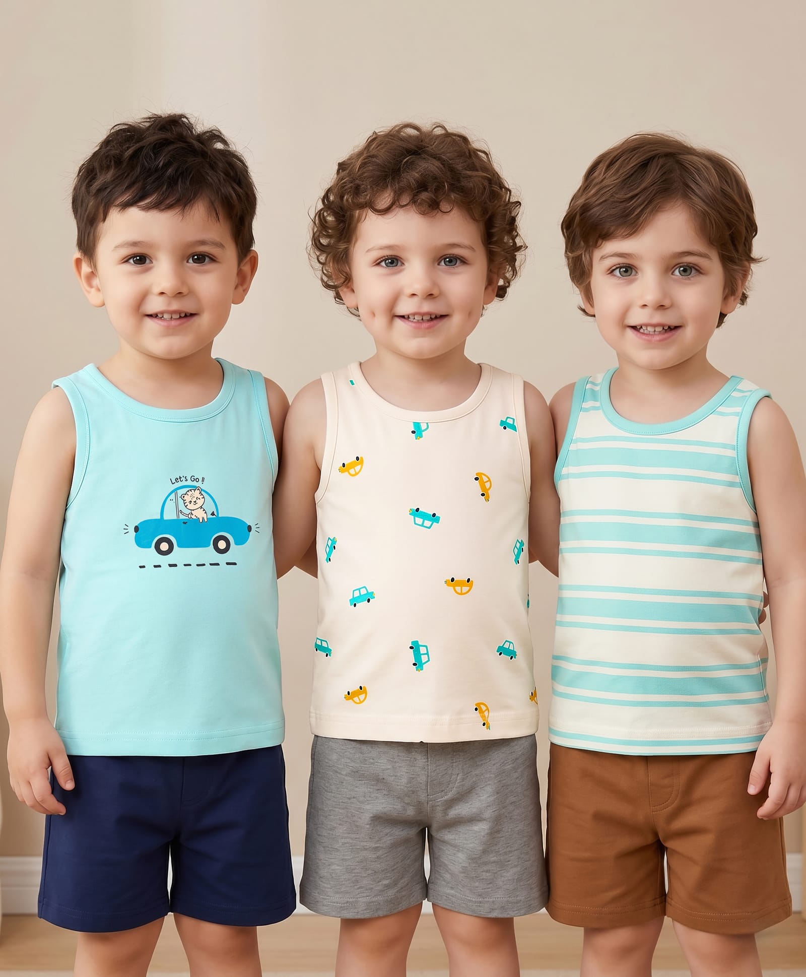Babyoye Cotton Lycra Knit Sleeveless Striped & Car Printed Vest Pack of 3 - Light Blue & White-image-16