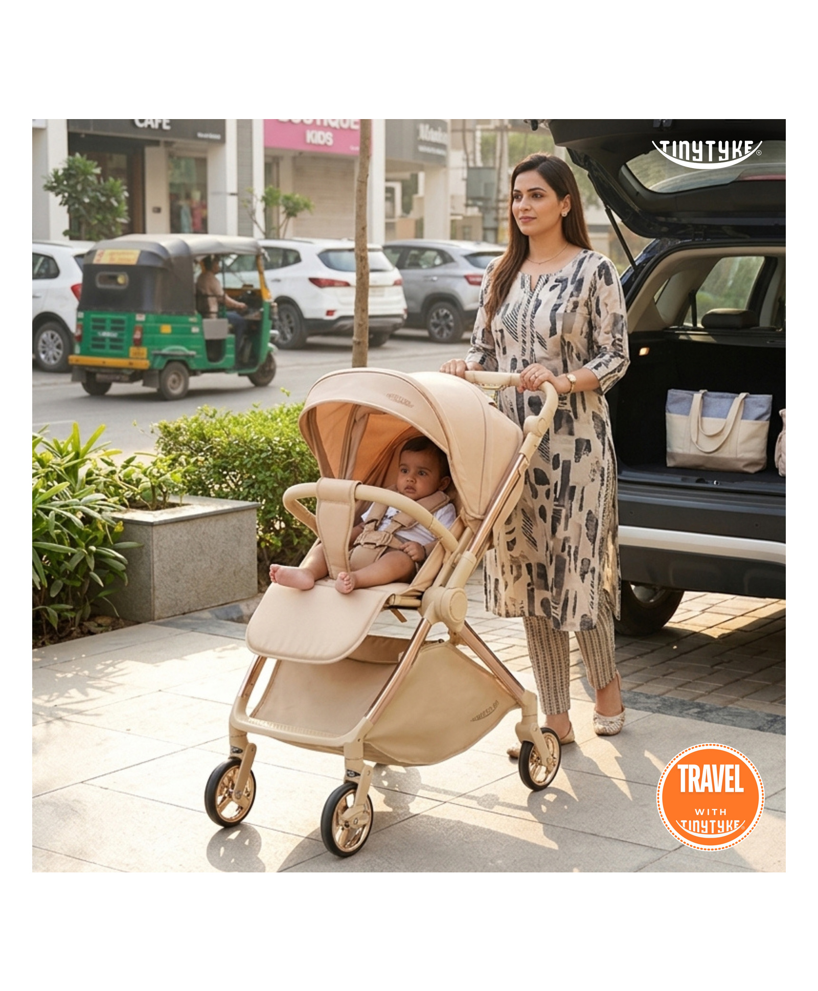 tiny tyke TinyTyke Urban Glide (T9) Premium Reversible Handle Stroller | Shock Absorption, Multiple Recline, One-Touch Fold | Leather & Linen Finish | 0-40 Months | Beige-picture-22