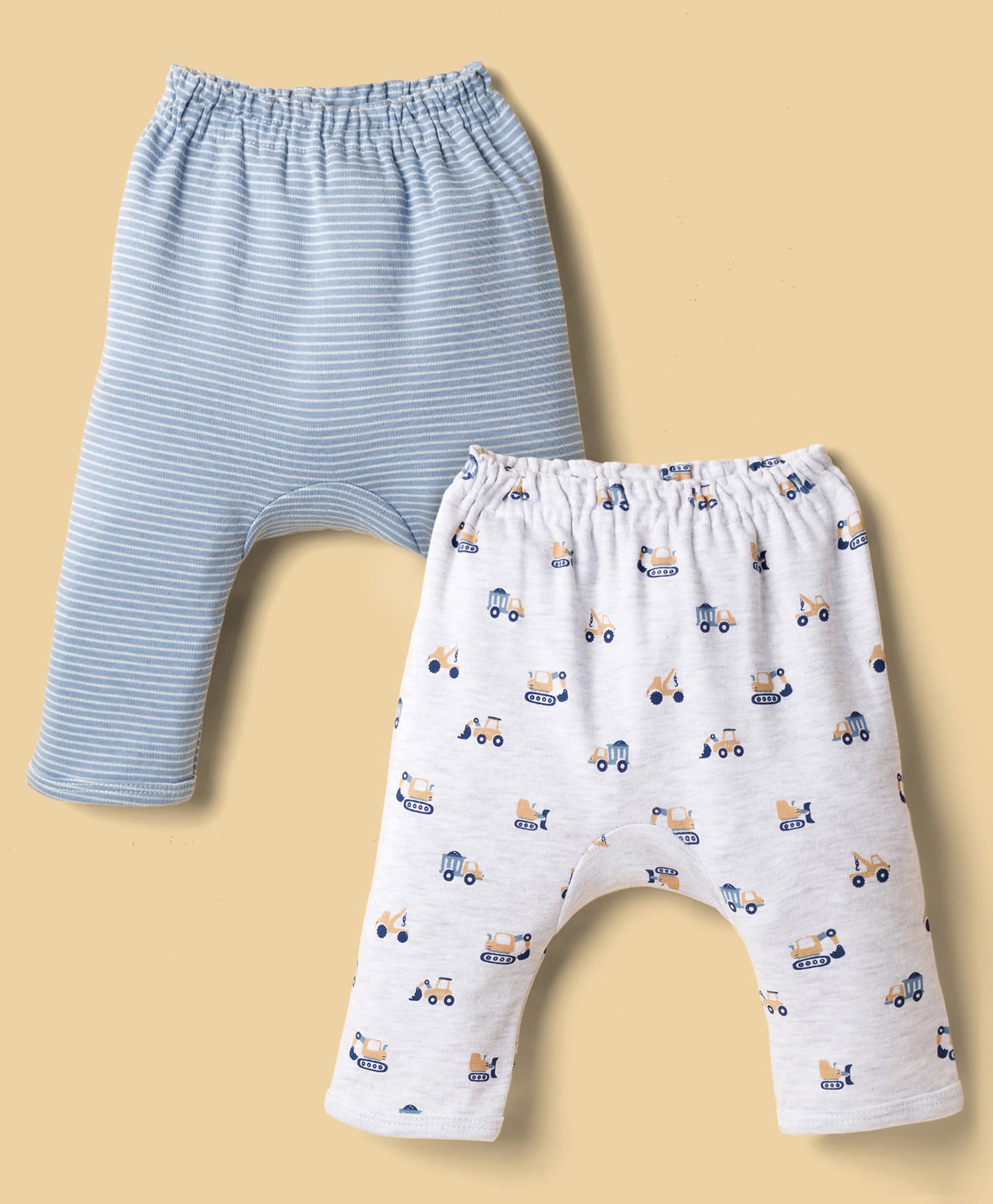 Simply Interlock Knit Full Length Striped & Construction Vehicles Printed Diaper Leggings Pack Of 2 - Light Blue & White