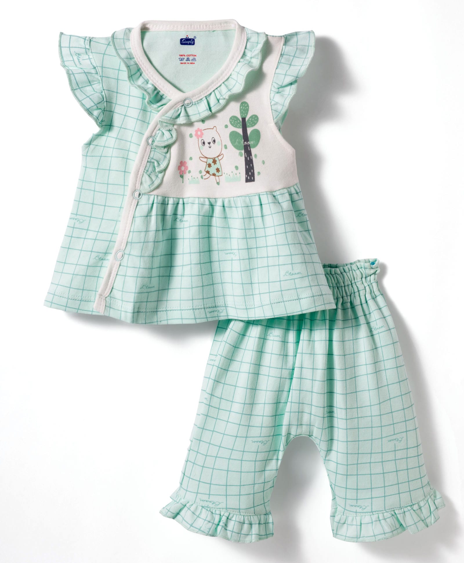 Simply Sinker Knit Half Sleeves Checked Top & Pyjama Night Suit with Animal Print - Mint-picture-30
