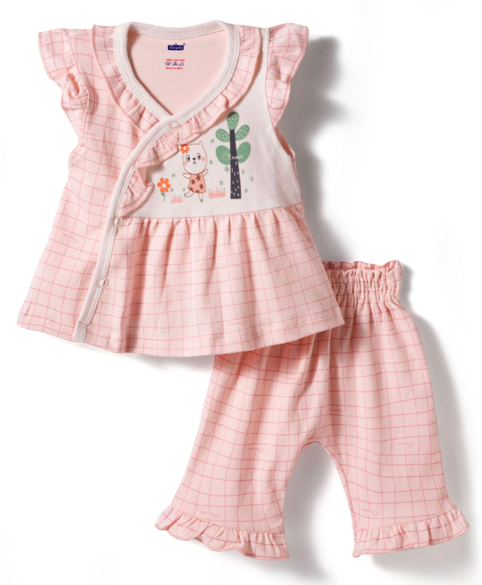 Simply Sinker Knit Half Sleeves Checked Top & Pyjama Night Suit with Animal Print - Peach-picture-32