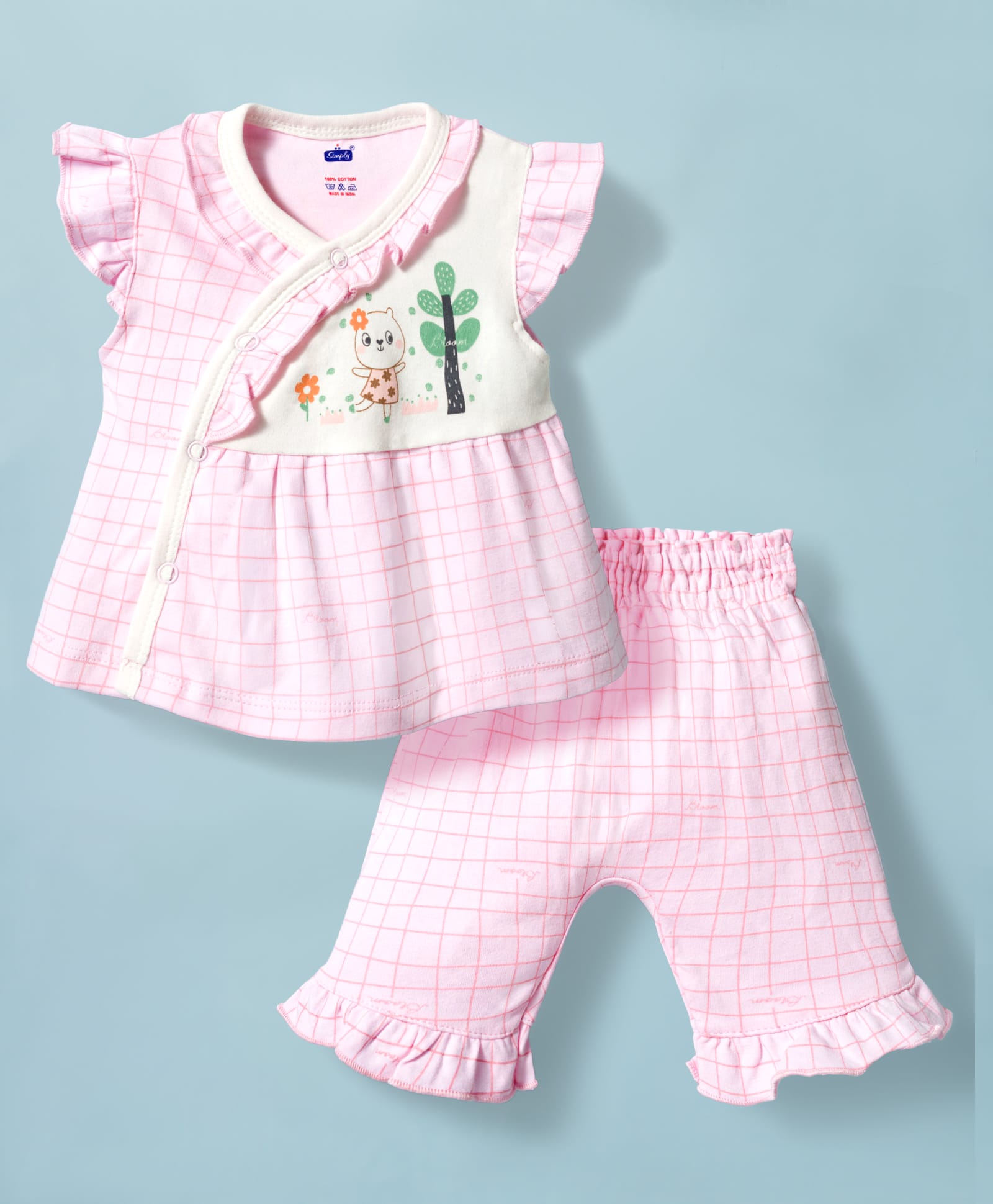 Simply Sinker Knit Half Sleeves Checked Top & Pyjama Night Suit with Animal Print - Pink-picture-31