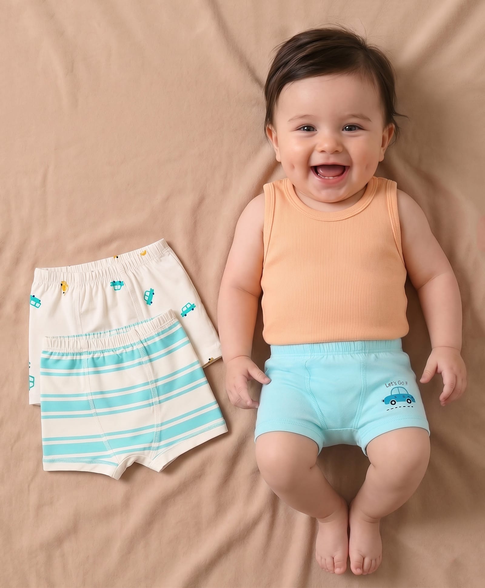 Babyoye Elastane Knit Striped & Car Printed Trunks Pack of 3 - Aqua & white-image-26