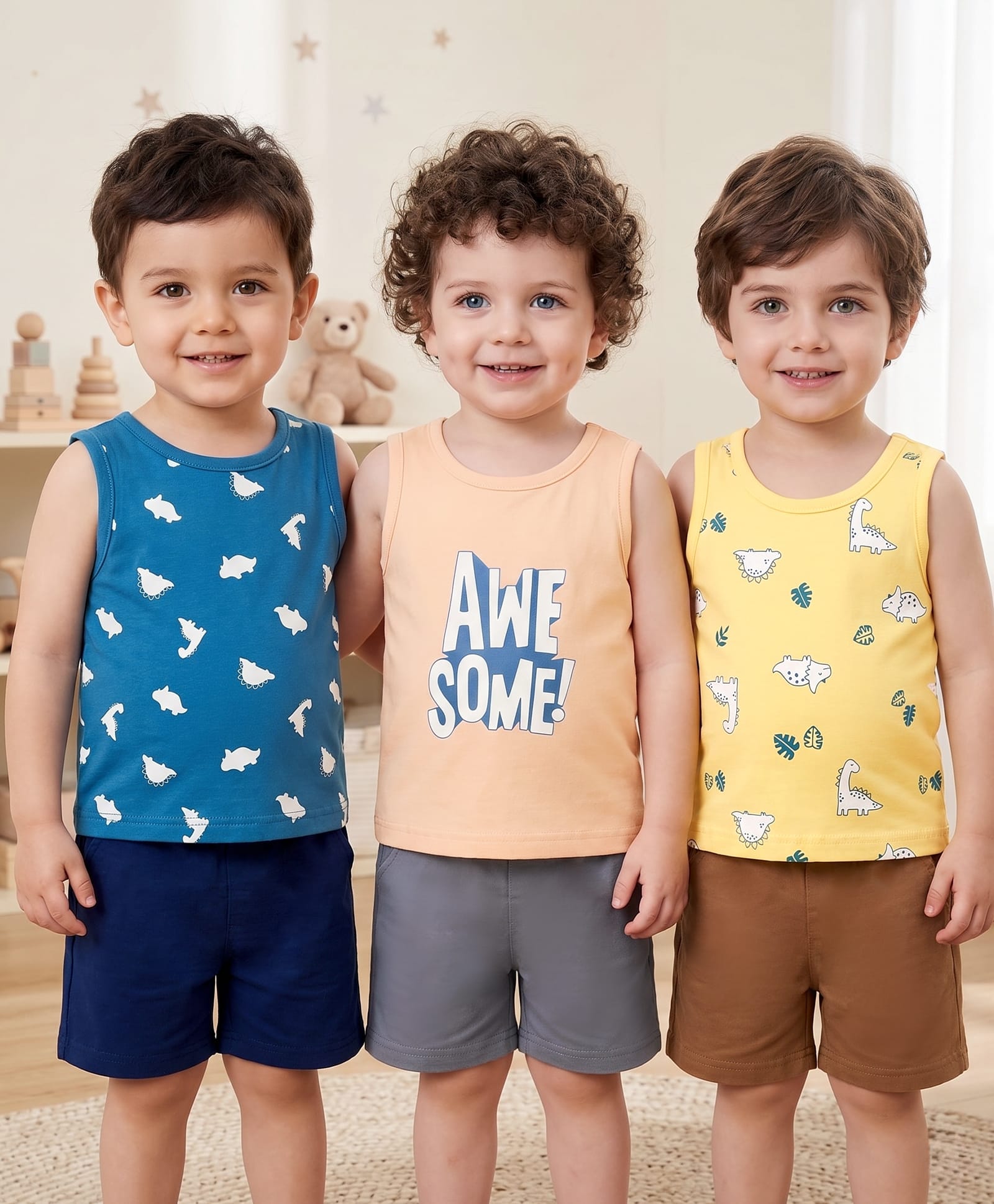 Babyoye Elastane Knit Sleeveless Dino Printed Vests Pack Of 3 - Multicolor-image-41