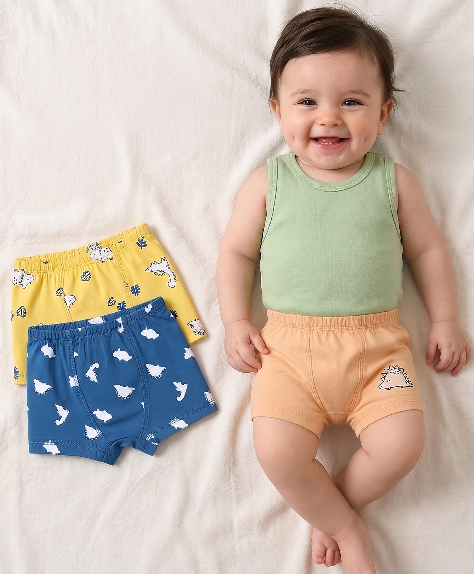 Babyoye Cotton Lycra Knit Dino Printed Briefs Pack Of 3 - Blue Yellow & Cream-image-19