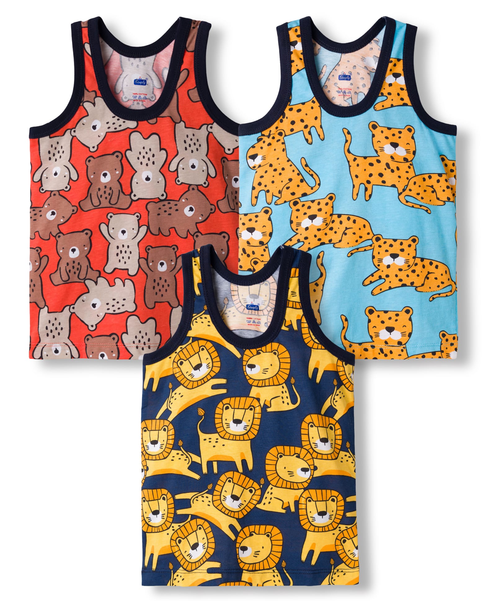 Simply Sinker Knit Sleeveless Vests with Animal Print Pack of 3 - Navy Light Blue & Red-image-27