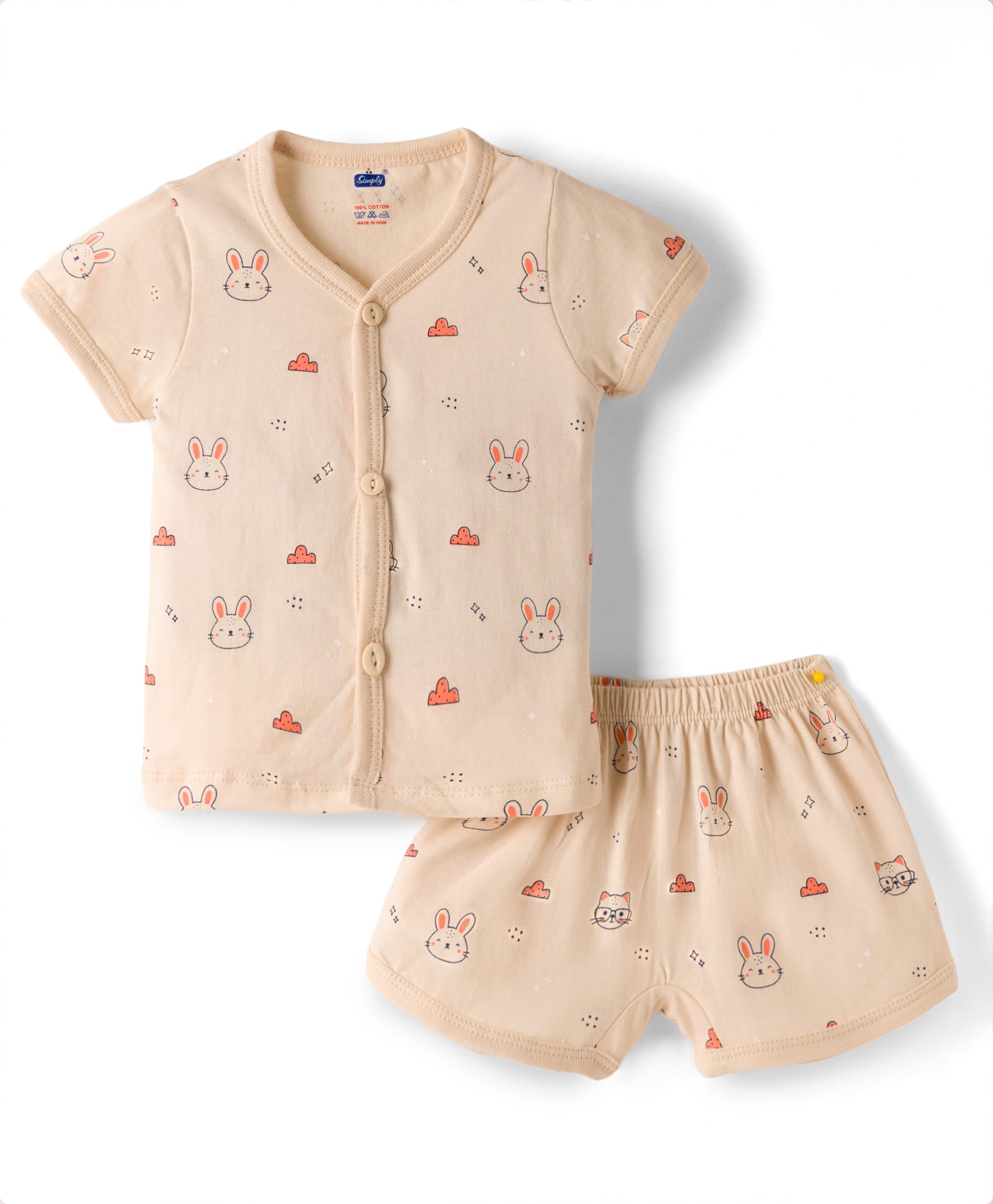 Simply Sinker Knit Half Sleeves T-Shirt & Shorts Co-ord Night Suit With Bunny & Cloud Print - Cream-image-11