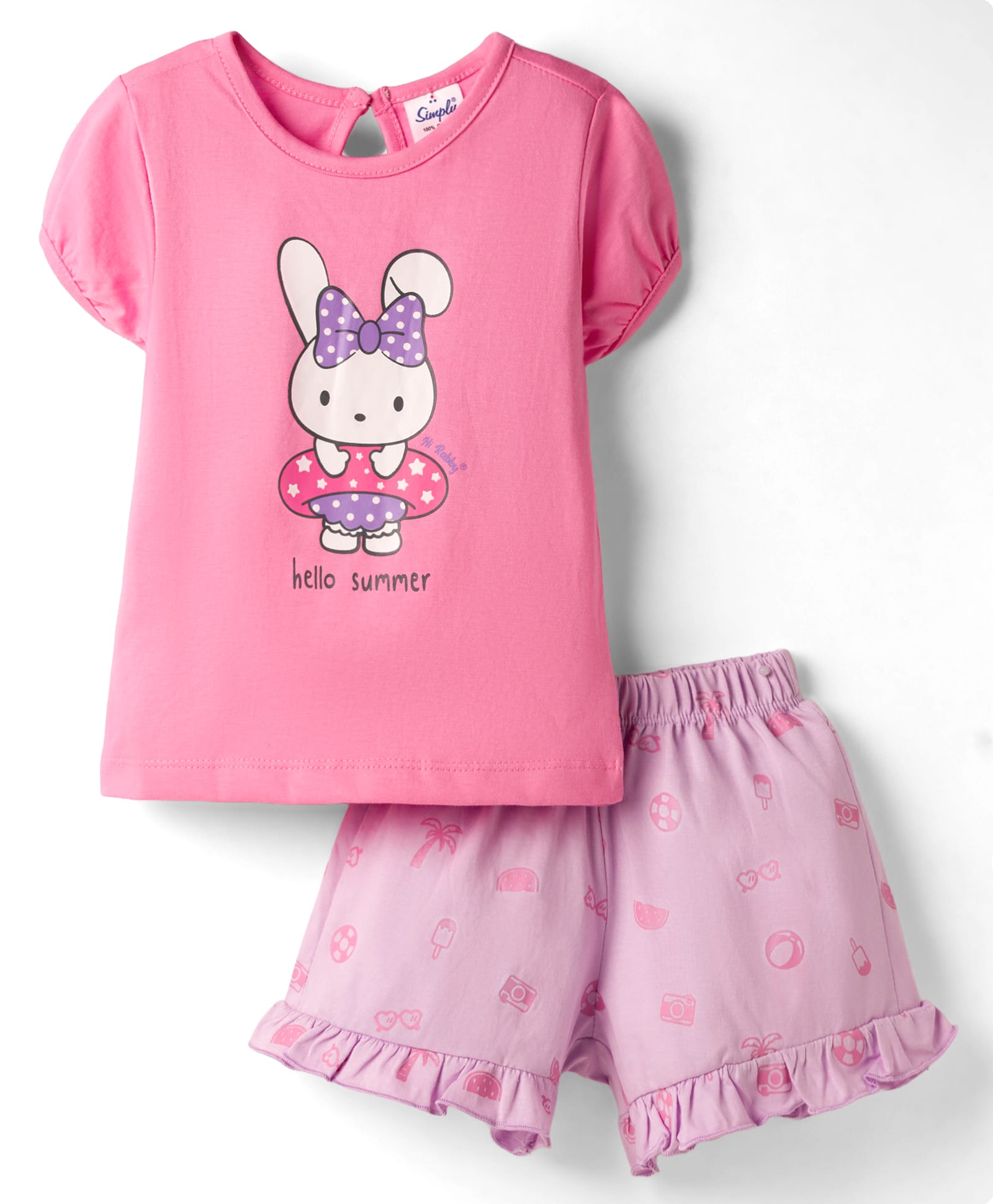 Simply Sinker Knit Half Sleeves Kitty Printed T-Shirt & Shorts Set - Pink-image-27