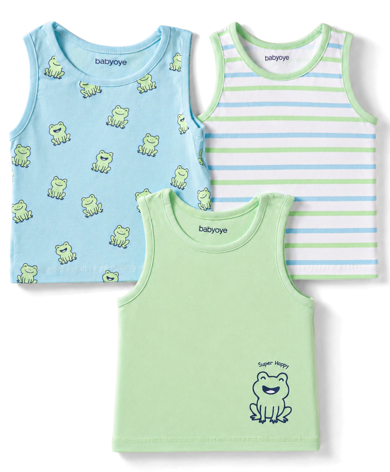 Babyoye Cotton Lycra Knit Sleeveless Vest With Frogs Print Pack of 2 - Sea Green & Sky-picture-19