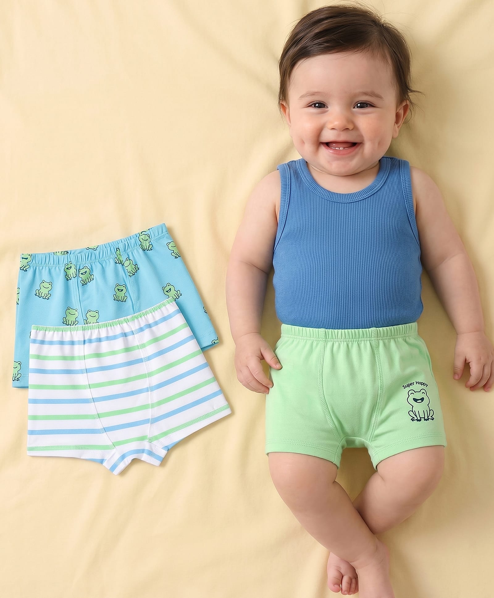 Babyoye Cotton Lycra Knit Stripes & Frog Printed Trunks Pack of 3 - Sky & Light Green-picture-21