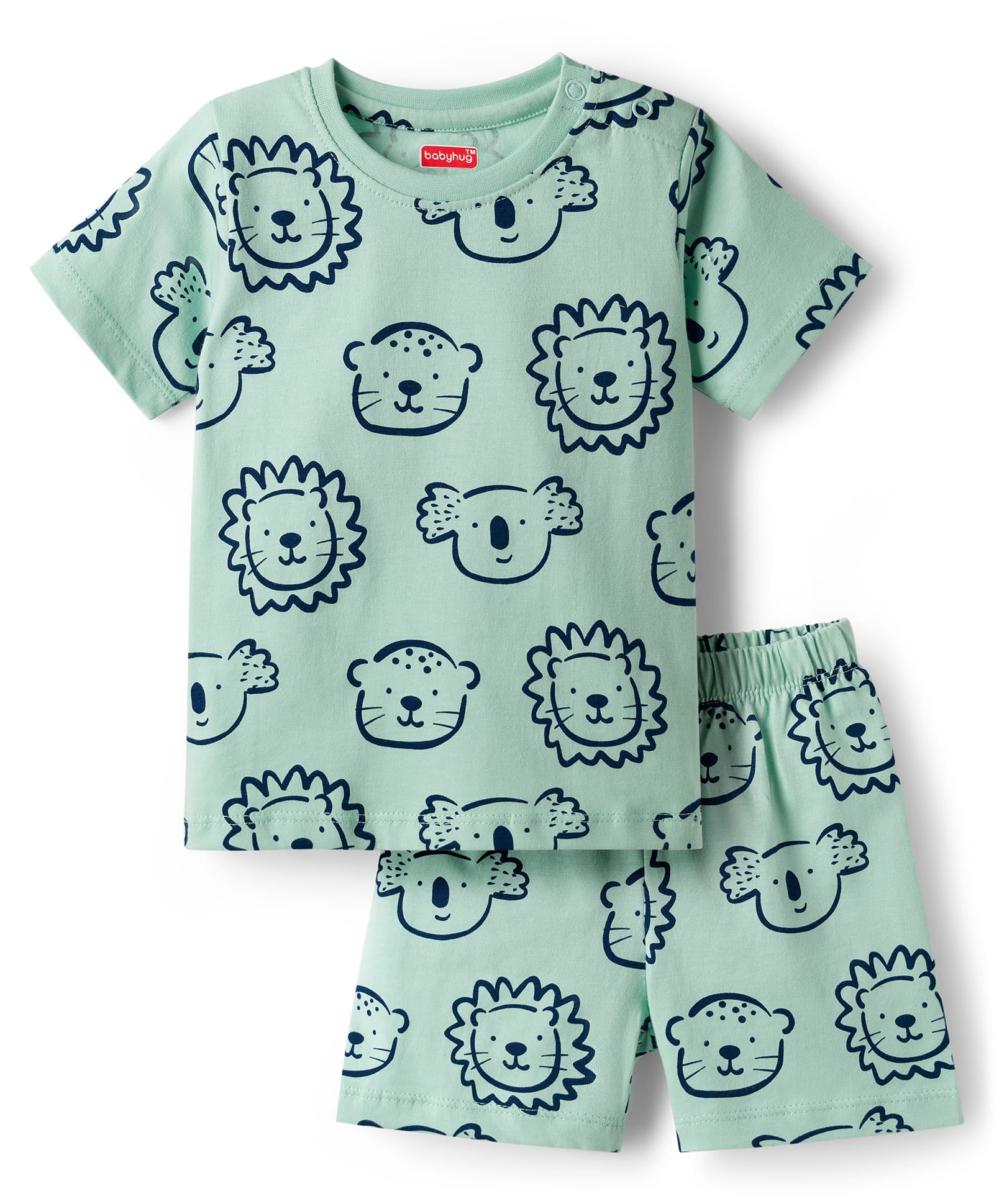 Babyhug Cotton Knit Half Sleeves Animal Printed T-Shirt & Short Co-Ord Night Suit - Sea Green-image-20