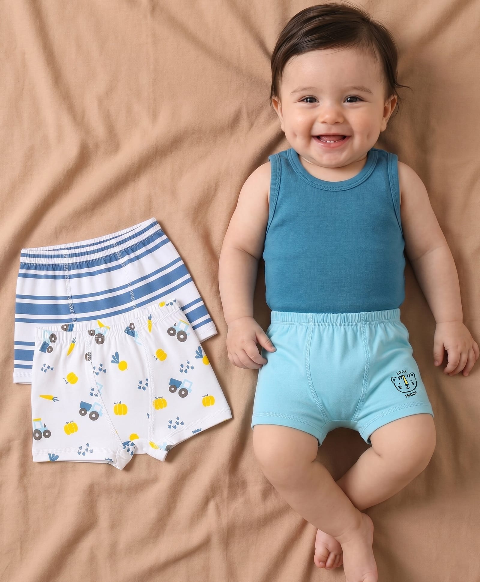 Babyoye Cotton Lycra Knit Striped Vehicles & Tiger Printed Briefs Pack of 3-Light Blue & White-image-46
