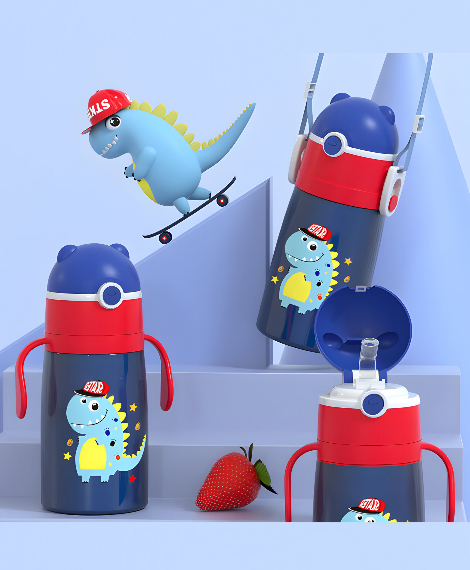 SCHOOLISH Cartoon Portable Double-Wall Vacuum Baby Straw Cup Stainless Steel Insulated Bottle Children's Straw PP+304 SS Pack of 1 Blue -480 ml-image-34