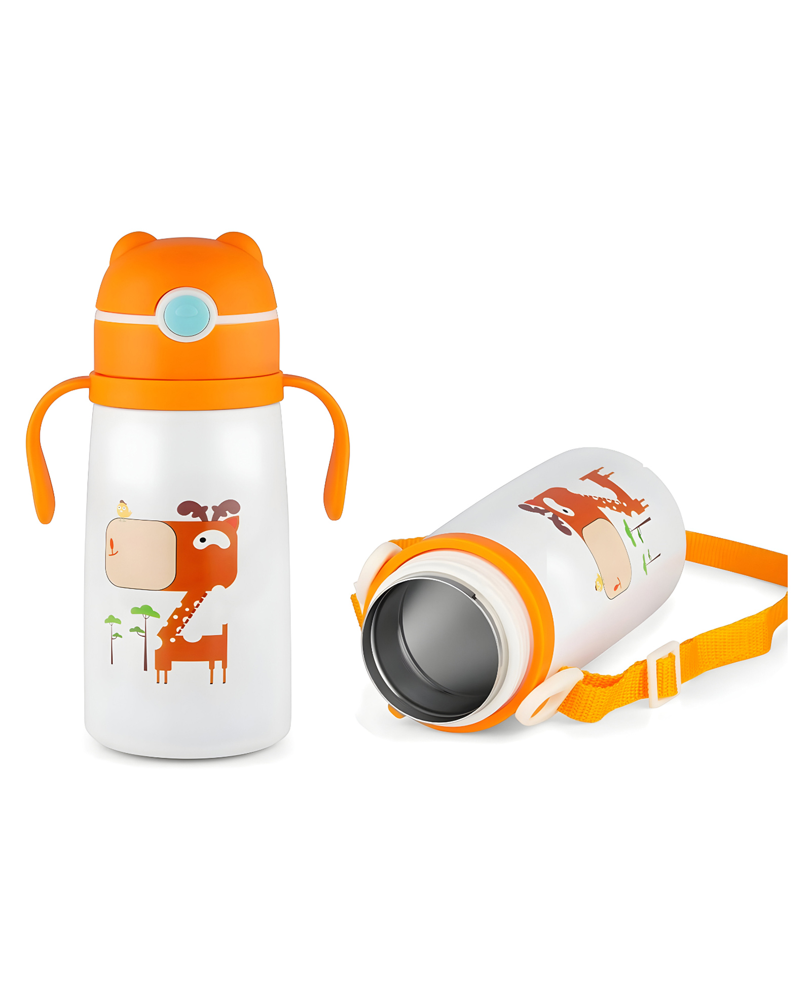 SCHOOLISH Cartoon 480ml Portable Double-Wall Vacuum Baby Straw Cup Stainless Steel Insulated Bottle Children's Straw PP+ 304 SS- Pack of 1 - WHITE