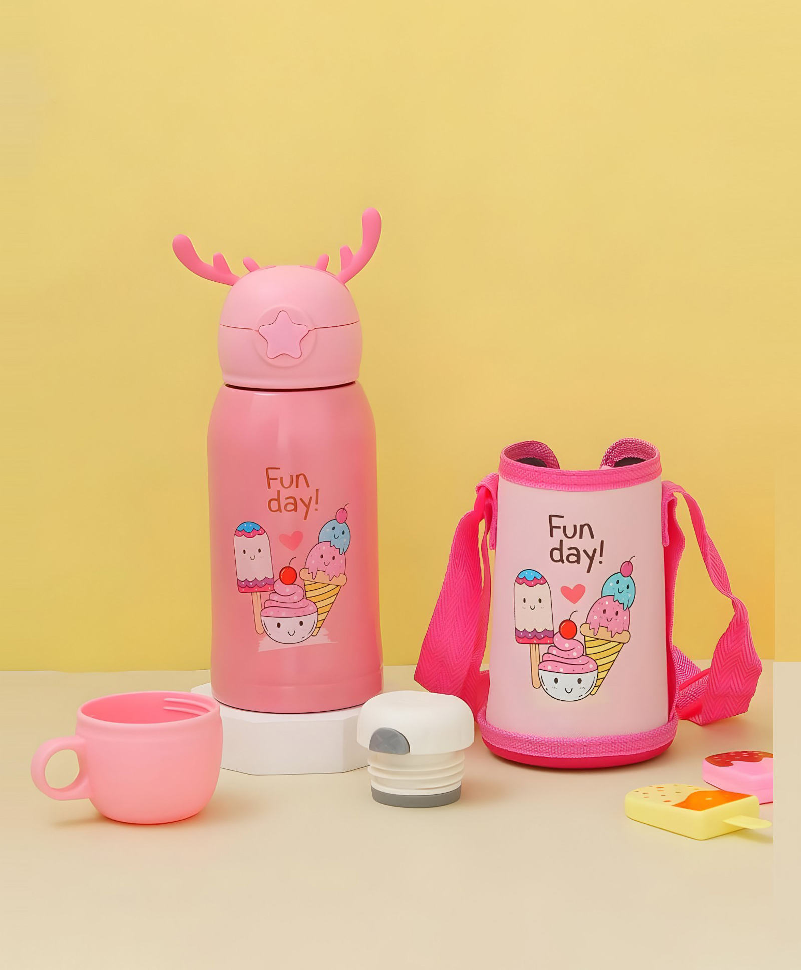 SCHOOLISH 550 ml Leakproof and Stainless Steel Cute Kids Water Bottles With Straw And Shoulder Strap Use for Outdoor Sports Travel and School 500 ml Pack of 1 - Pink-picture-13