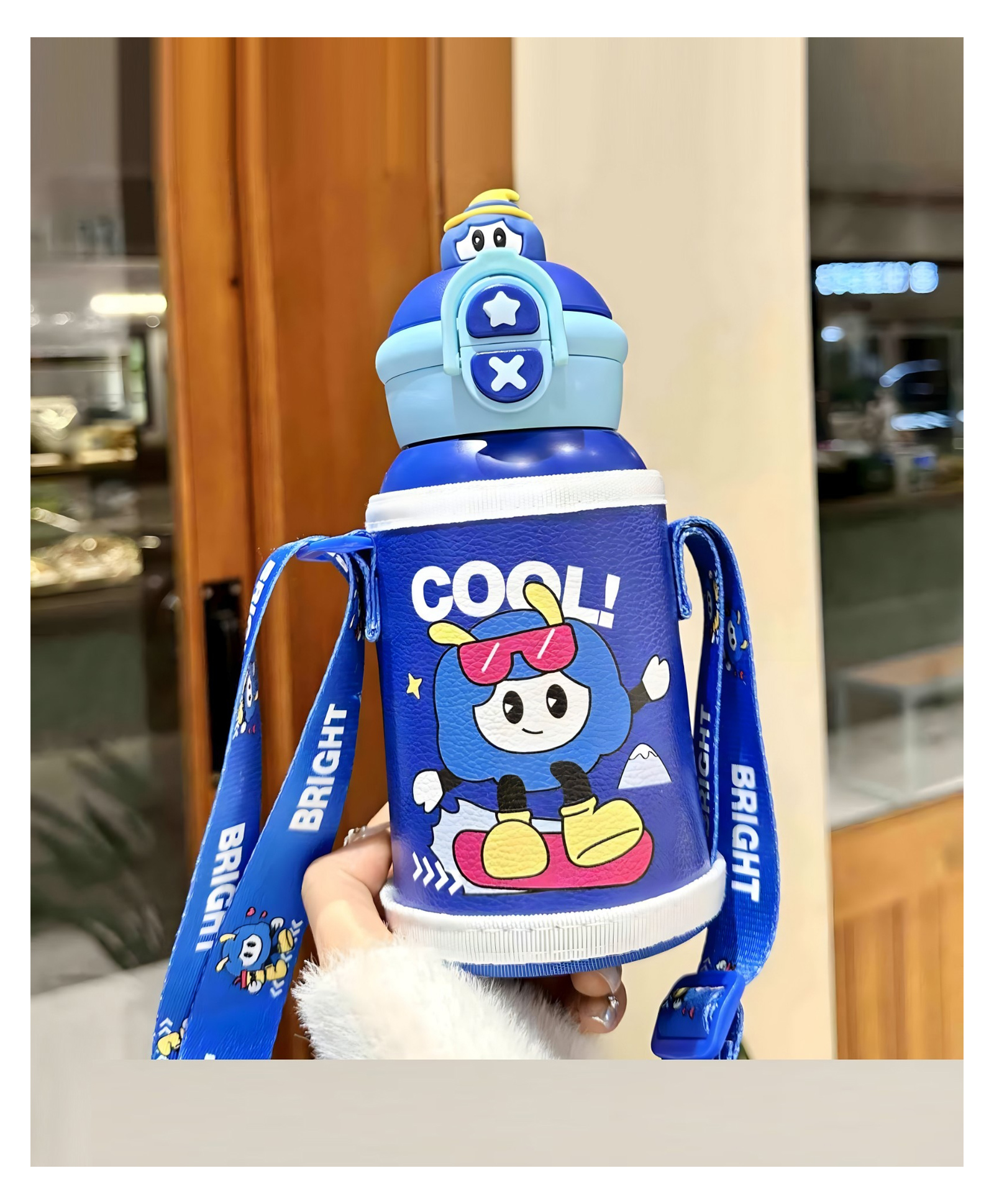 SCHOOLISH Cute Cartoon Children's Stainless Steel Vacuum Insulated Mug with Straw Strap, Portable Outdoor Student Water Bottle PP+316SUS Pack of 1 - Blue-image-23